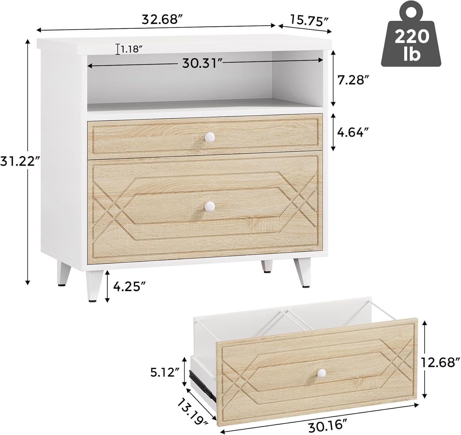 Lateral File Cabinet with Shelf, 2 Drawer Filing Cabinet for A4/Letter/Legal Size, Modern Industrial Office Storage Cabinet Printer Stand for Home Office, White and Light Brown