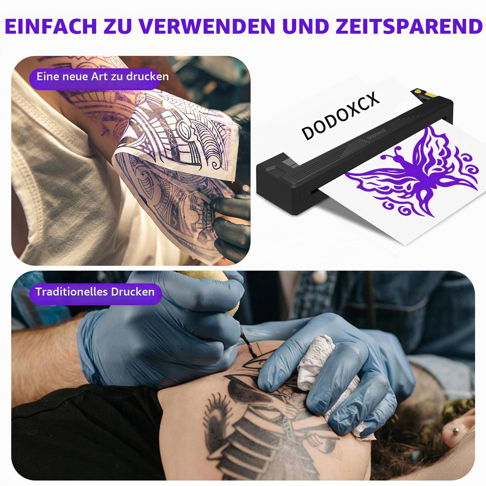 Tattoo-Schablonen-Drucker-Maschine für Tattoo-Anfänger und Künstler, mit 3 Tattoo-Transferpapier, tragbarer Thermodrucker, kompatibel mit Handy/PC (grau)