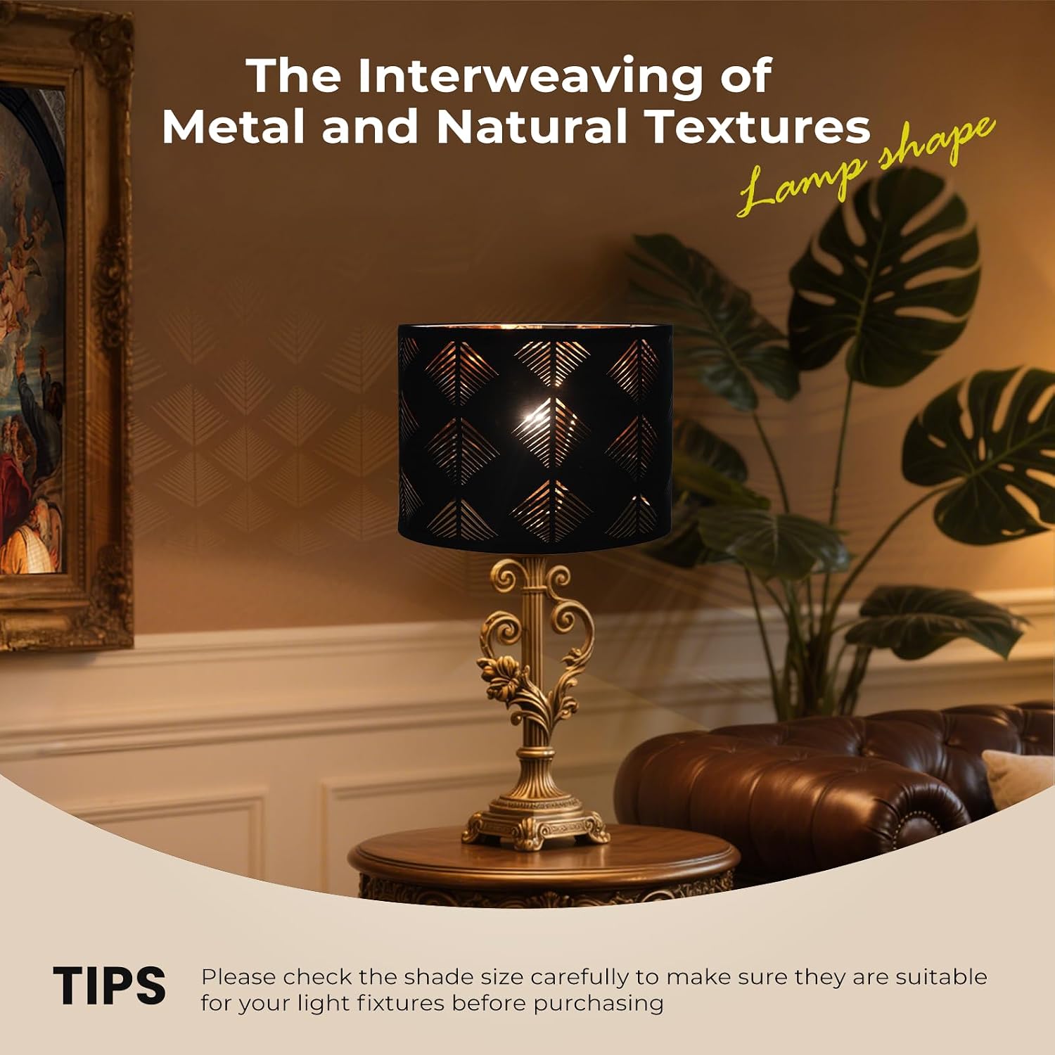 Fabric Lamp Shades 2 Pack - 13" Top x 13" Bottom x 10" High, Black and Gold Drum Lampshades for Table Lamps, Floor Lamps, Pendant Lights, Assembly Required Linen Replacement Lamp Spider