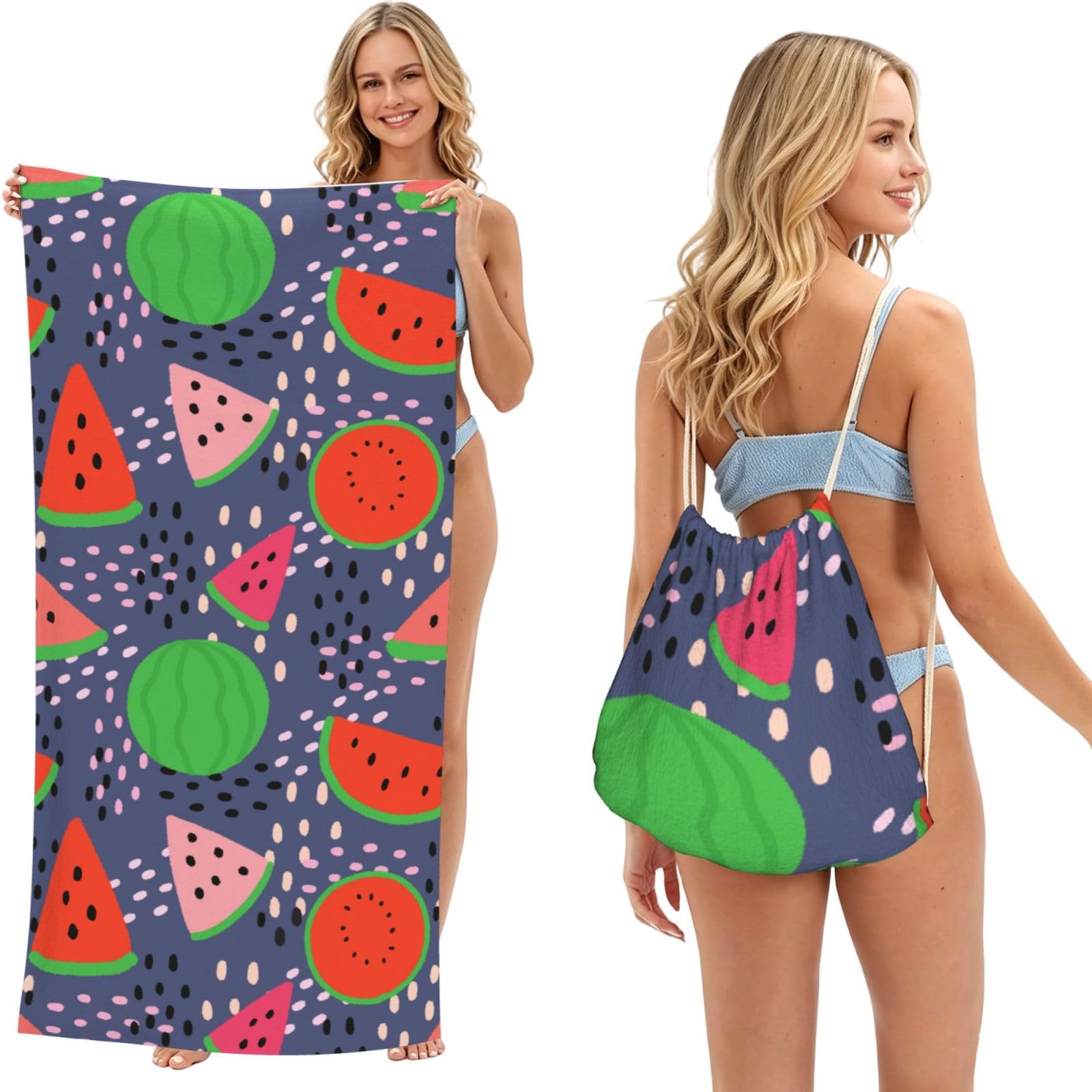 Poadnly As Picture Summer Fruit Watermelon Design, 2 In 1 Packable Towel Bag, Beach Towels With Drawstring Backpack For Travel Holiday Camping