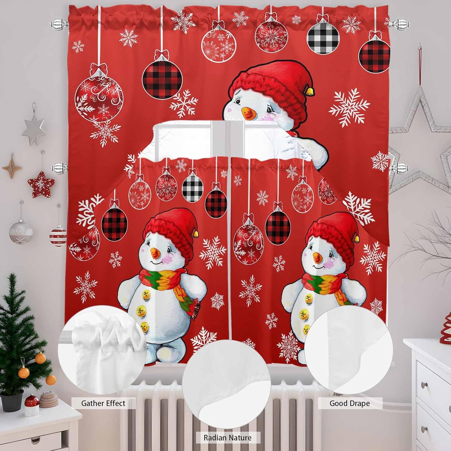 Red Snowman Swag Kitchen Curtain Sets with Valance,3 Pieces Rod Pocket Curtain Drapes for Bedroom Living Room Bathroom Windows,Winter Xmas Snowman Snowflake Checkered 56''x36'' & 24''x27.5''x2Panels