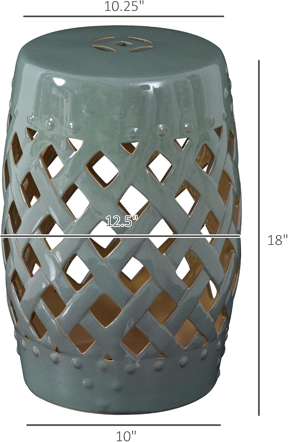 Green Garden Stool, 13" x 18" Ceramic Stool with Woven Lattice Design for Patio, Deck, Porch, Yard Decoration