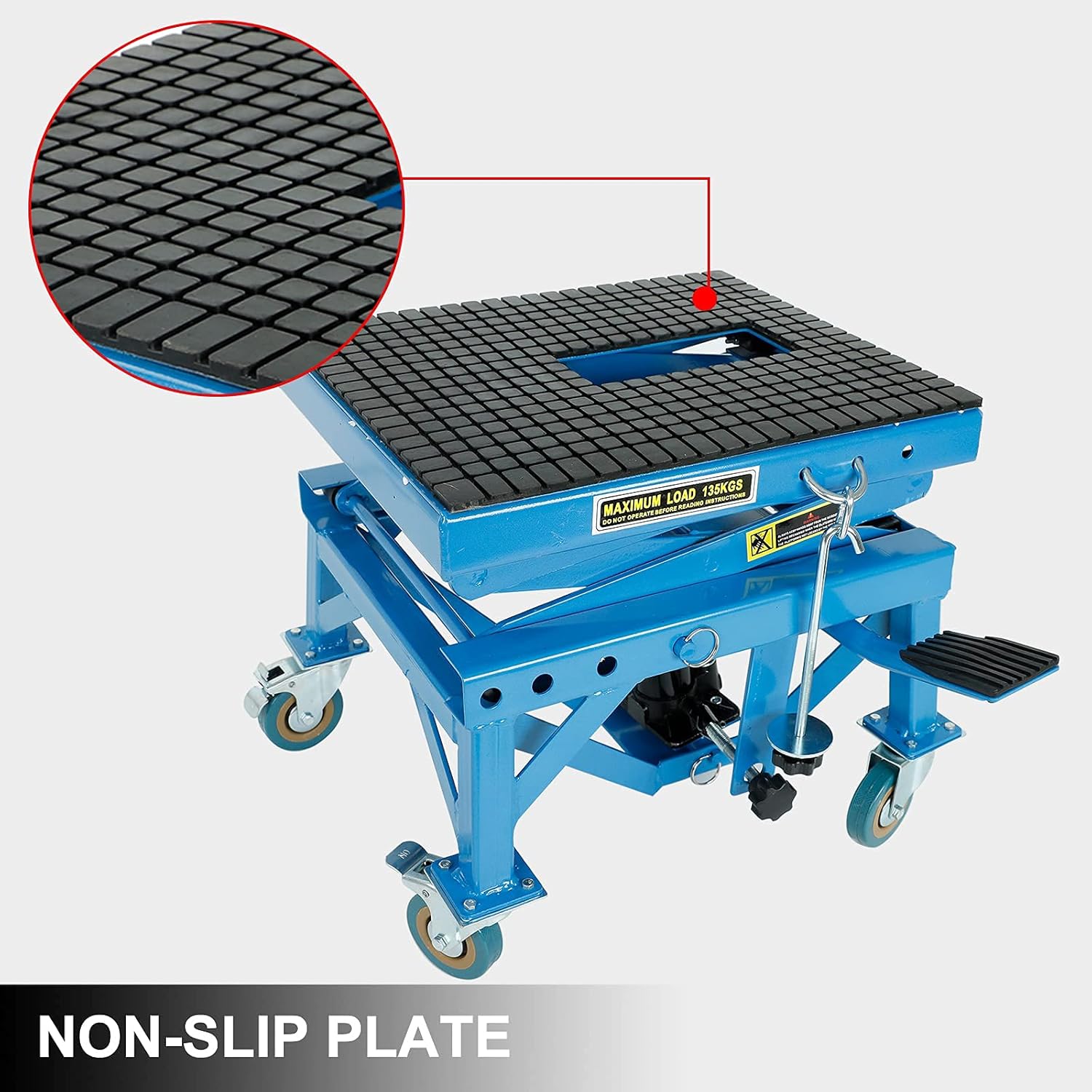 300lbs Heavy Duty Hydraulic Motorcycle Scissor Jack Lift with The Foot Peg Hold Downs Fit for Motorbike Dirt Bike Hydraulic Center Stand Lift with 4 Wheels