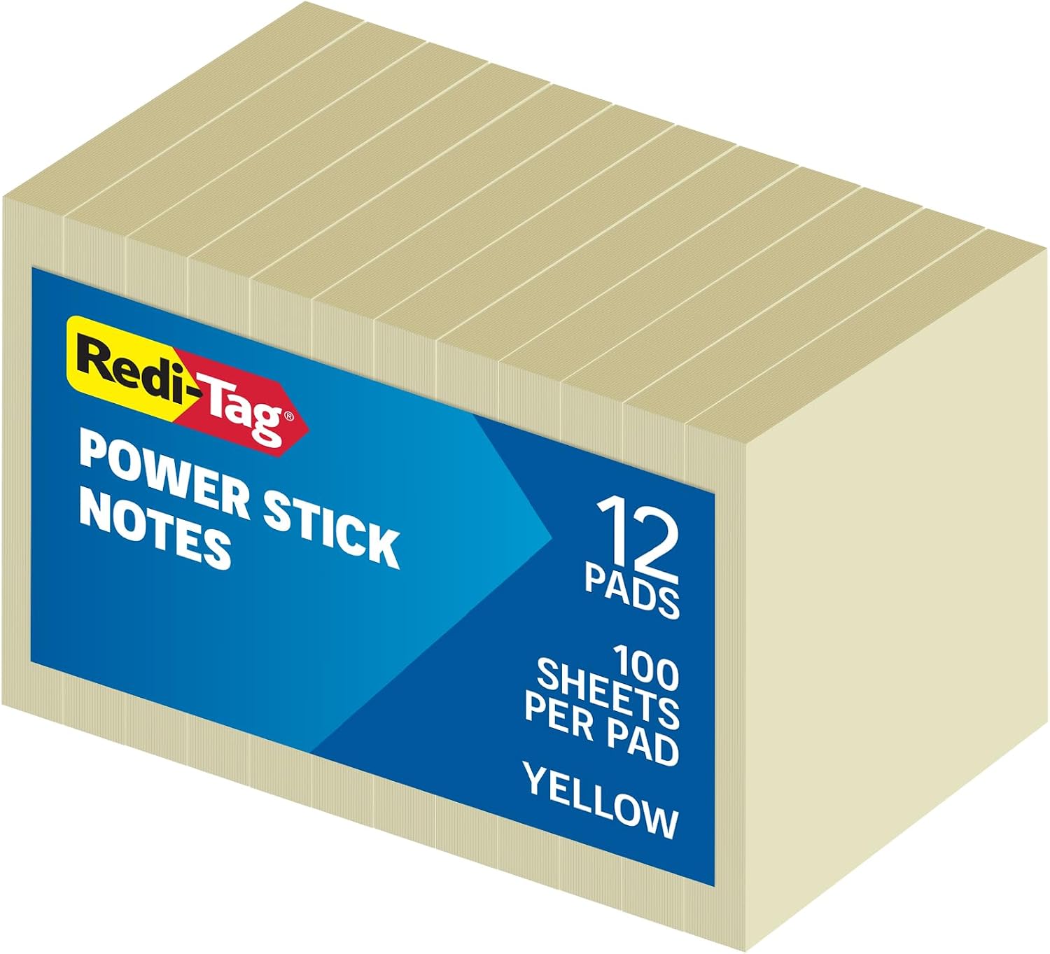 Redi-Tag Sticky Notes, 3 x 3 inch, Power Stick Notes, Yellow, 12 Pack, Super Strong Adhesive, Recyclable Paper Memo Pads for Office, School, and Home, 100 Sheets per Pad, 1200 Sheets Total