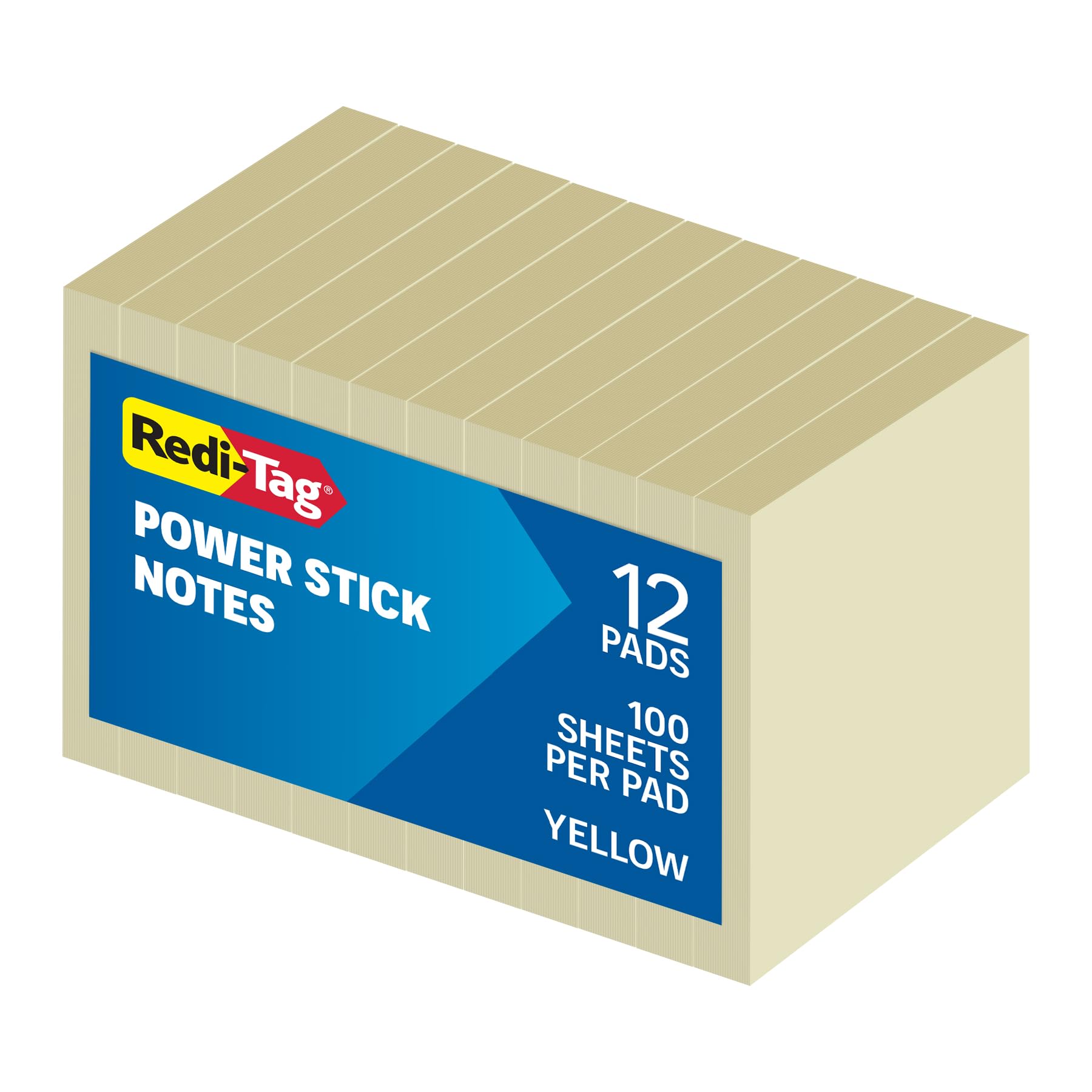Redi-Tag Sticky Notes, 3 x 3 inch, Power Stick Notes, Yellow, 12 Pack, Super Strong Adhesive, Recyclable Paper Memo Pads for Office, School, and Home, 100 Sheets per Pad, 1200 Sheets Total