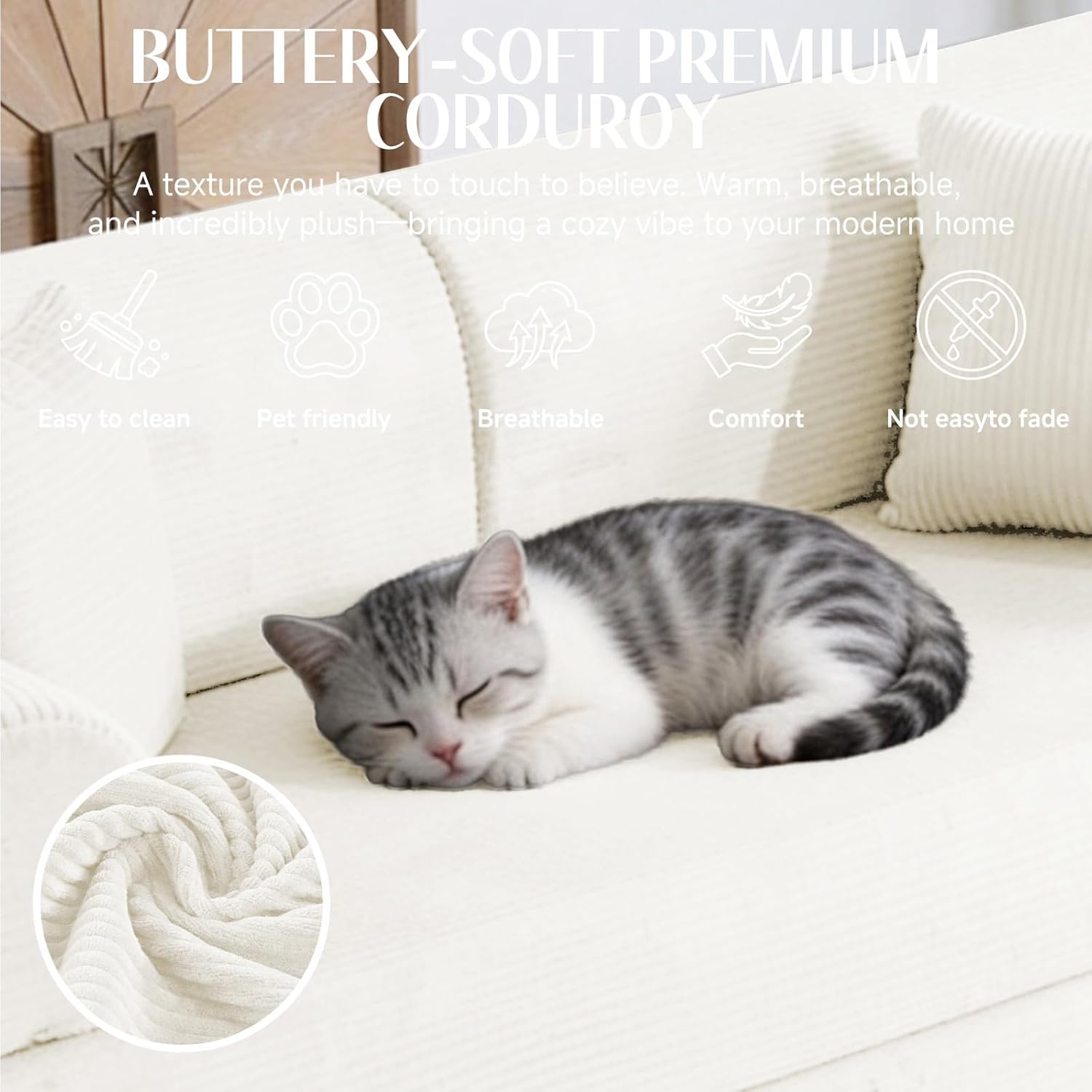 SAVENICA 79'' Convertible Sofa Bed, 6-in-1 Folding Floor Couch Sleeper with Reinforced Frame, Corduroy Modular Futon with Armrests & Pillows, No Assembly, Space-Saving for Apartment (Beige White) | 6-in-1 Folding, Corduroy, Reinforced Frame, No Assembly, Space-Saving, With Pillows
