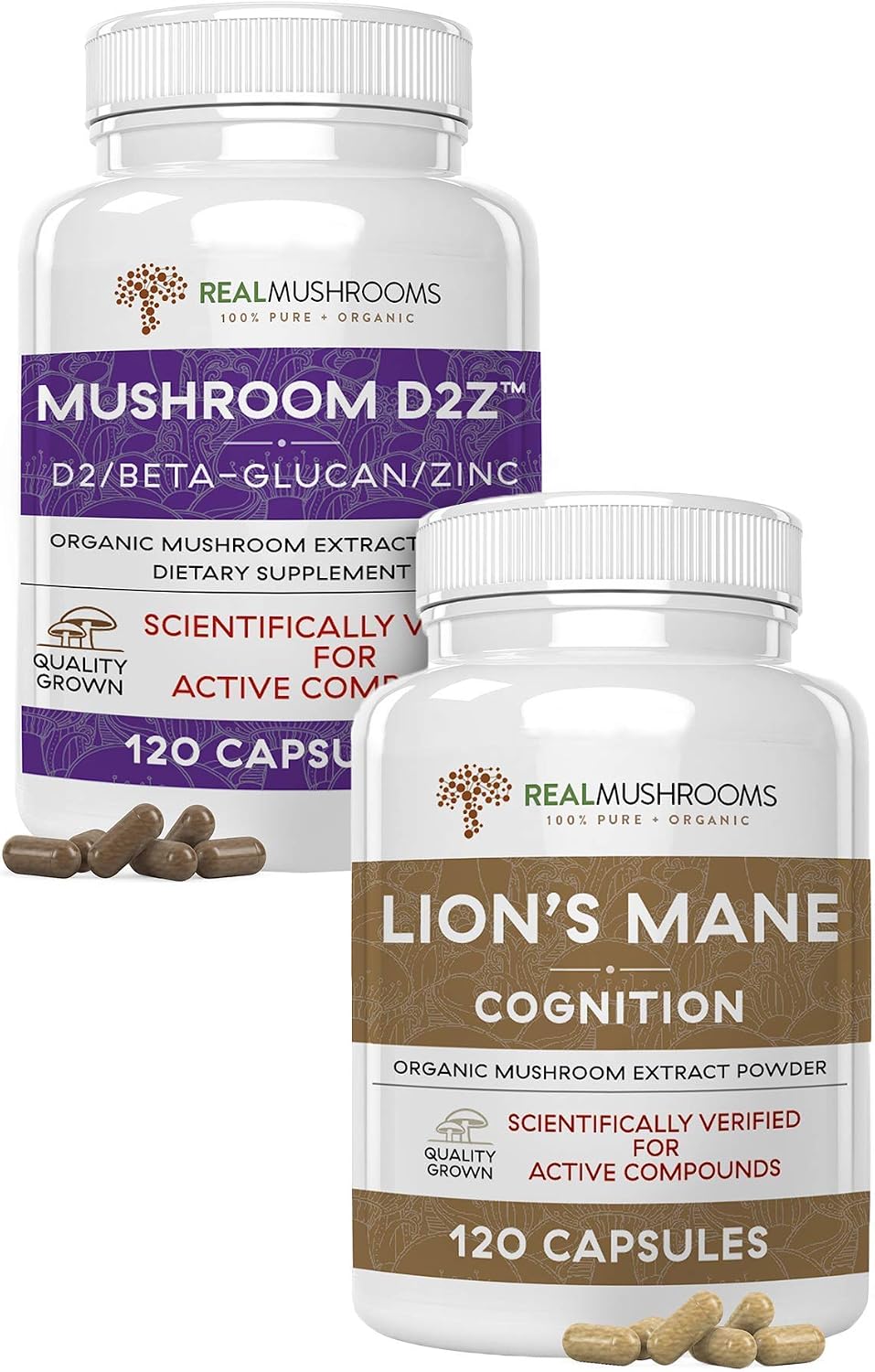 Real Mushrooms Vitamin D2, Zinc, Chaga, Reishi (120ct) and