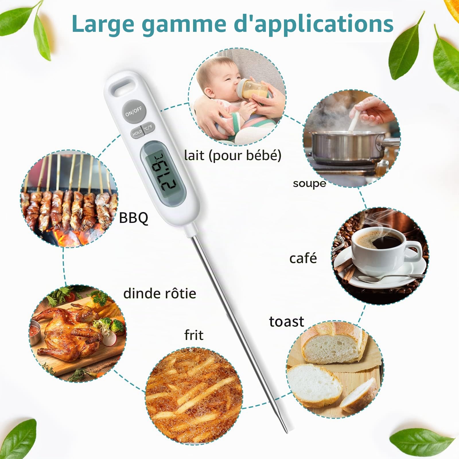 HORJOR Thermomètre de Cuisson Digital 141mm Sonde pour Barbecue Viande Patisserie