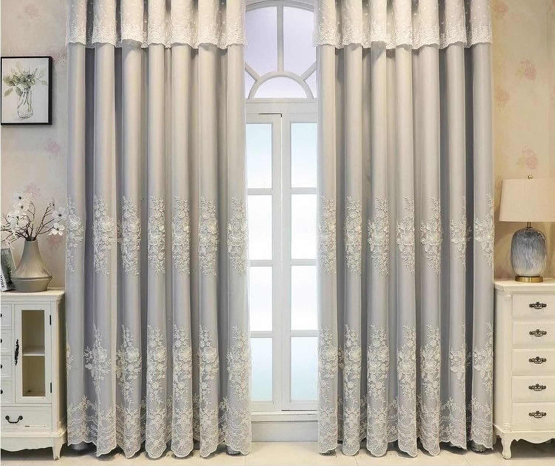 Rideaux Gris Dentelle Broderie Bloquer la Lumière et le Vis-à-Vis Rideau Occultant 86x115cm