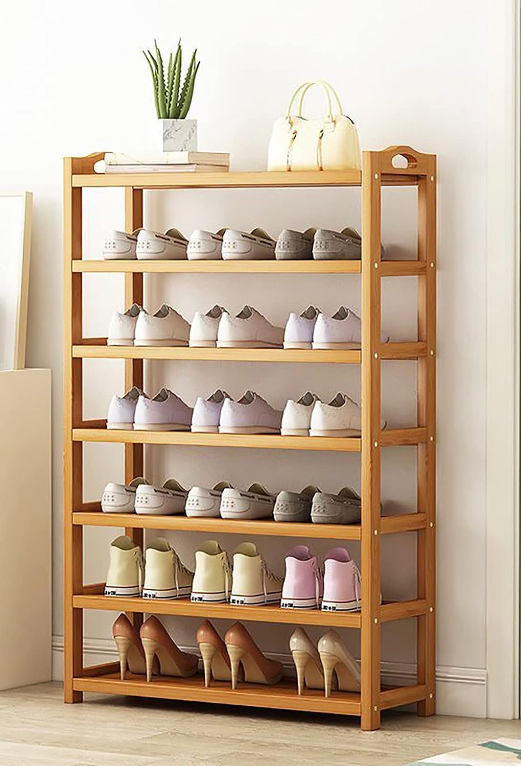 Wooden Shoe Rack, Bamboo Shoes Cabinet, Free Standing Entryway Shoe Tower Shelf, Shoes Organizer, Multi-Function Organizer, Boots Storage Shelf Modern House Furniture Home Office Stands (7Tiers)