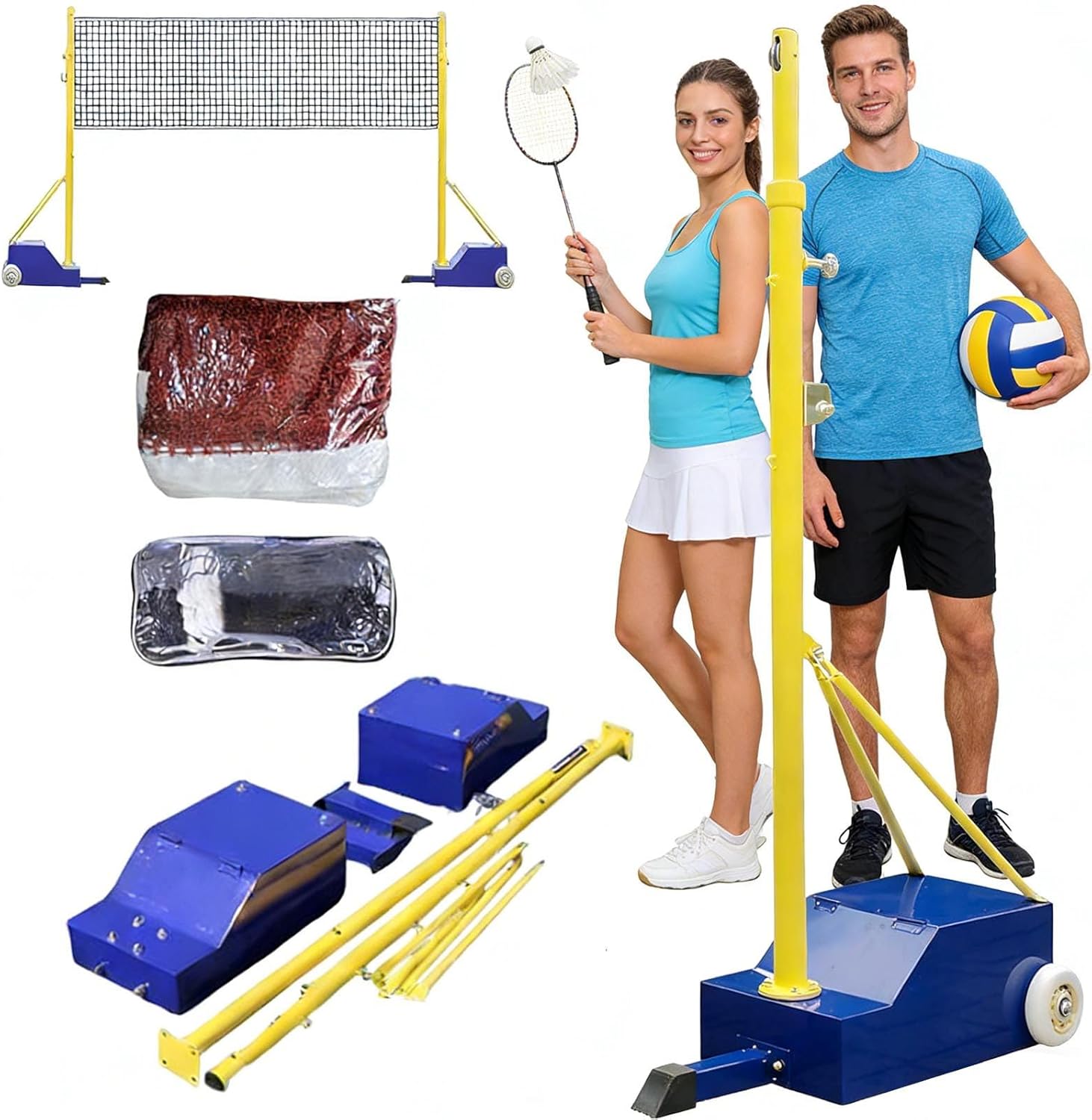Volleyball/Badminton Poles for Backyard,Volleyball Net Systems,Heavy Duty Indoor/Outoor Volleyball Net-Adjustable 4 Heights 5ft-6.9ft Volleyball Poles with Wheels/Poles for Kids, Adults