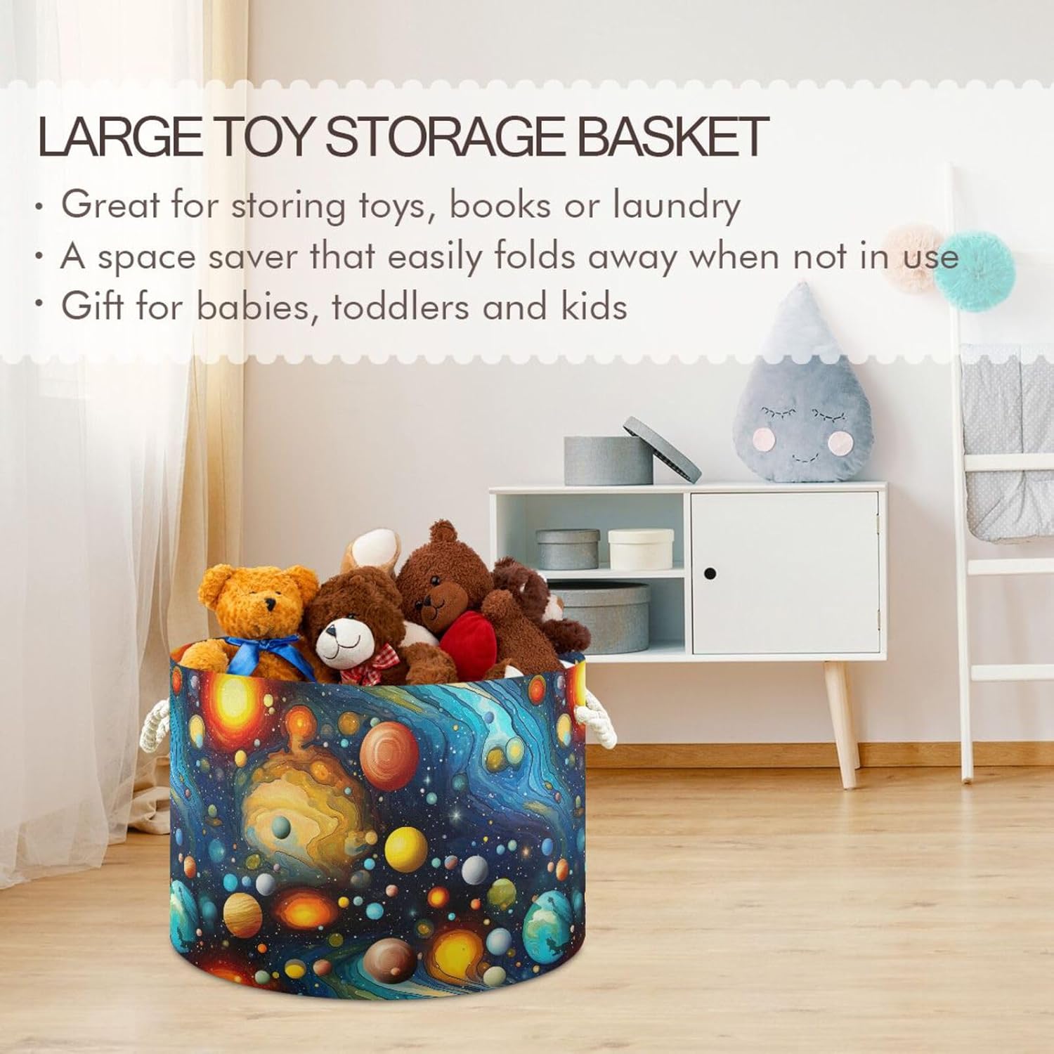 Abstract Colorful Galaxy Planets Toys Storage Bin with Cotton Rope Large Capacity Clothes Storage Baskets Laundry Hamper Holiday Ornament Box Organizer for Bedroom Bathroom Nursery