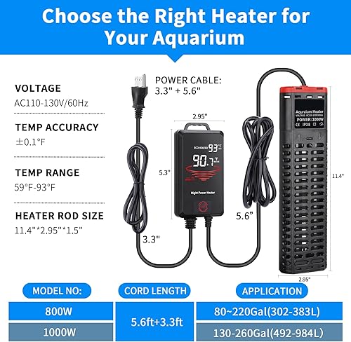 Miniatura 2 de Calentador de acuario de 1000 W sumergible para pecera con tubos de cuarzo dobles y controlador de temperatura de pantalla LED para 150-300 galones,