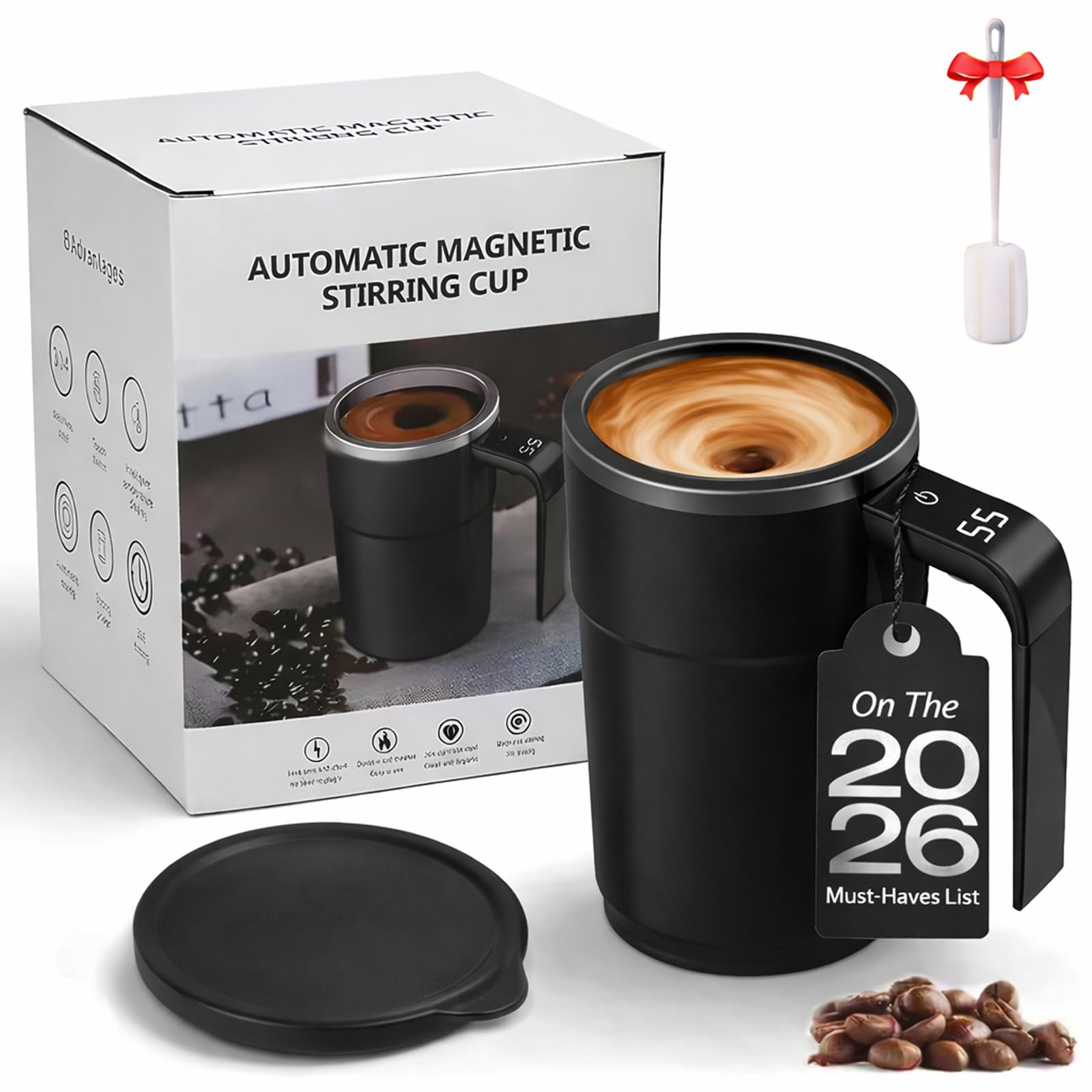 Automatic Self Stirring Coffee Mug with a Built-in LCD Thermometer, 2026 Rechargeable Automatic Magnetic Mixing Cup with Lid, Stainless Steel Material Perfect for Brewing Coffee, Milk, Etc (Black)