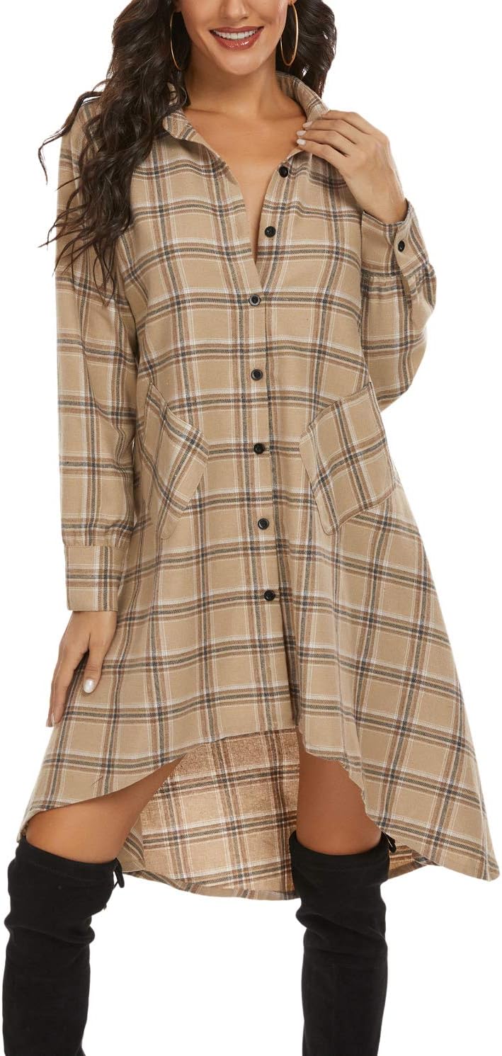 Womens Plaid V-Neck Shirt Dress