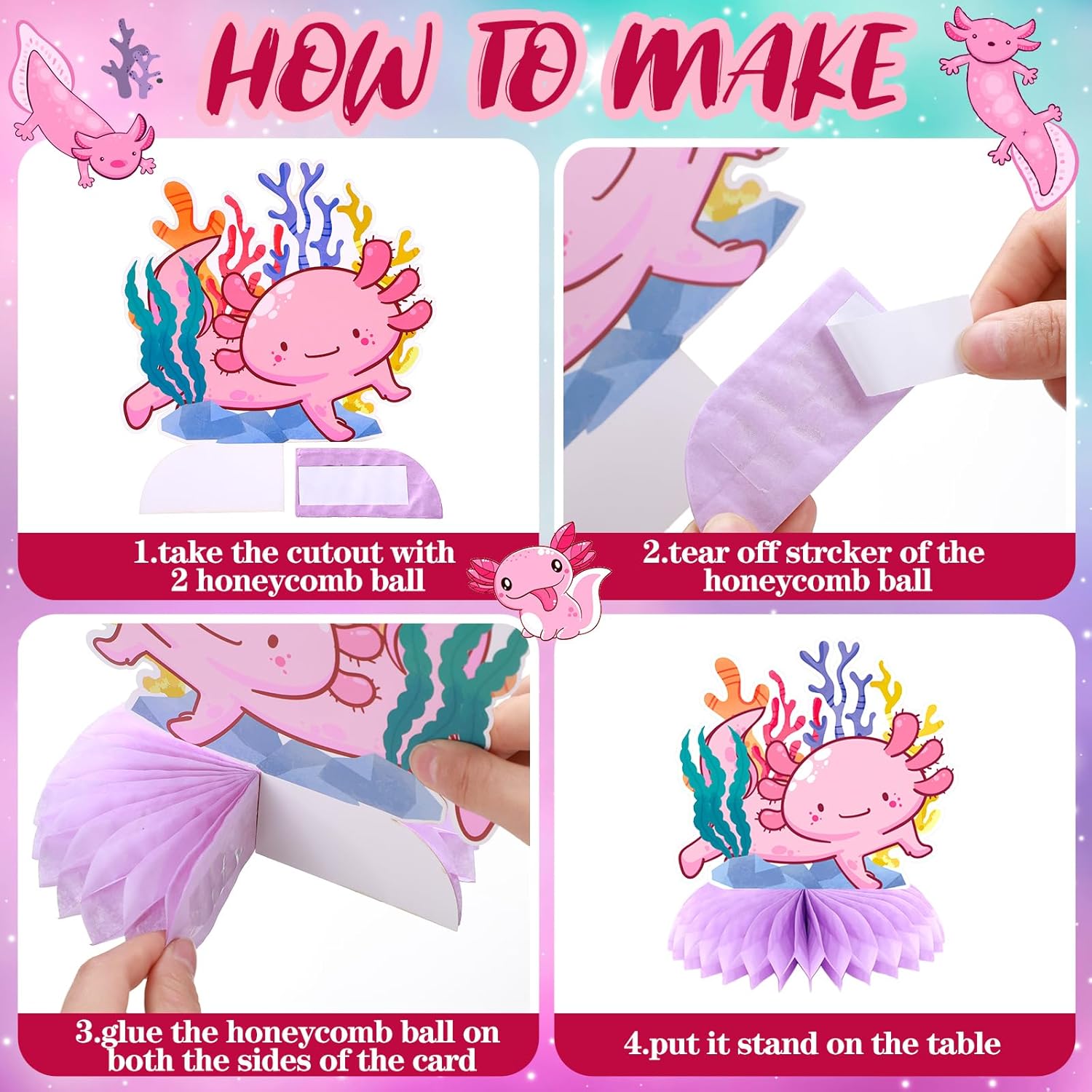 Liliful 12 Pcs Axolotl Birthday Party Decorations Axolotl Honeycomb Centerpieces Table Decoration 3D Double Side Cute Table Topper for Axolotl Backdrop Party Favor