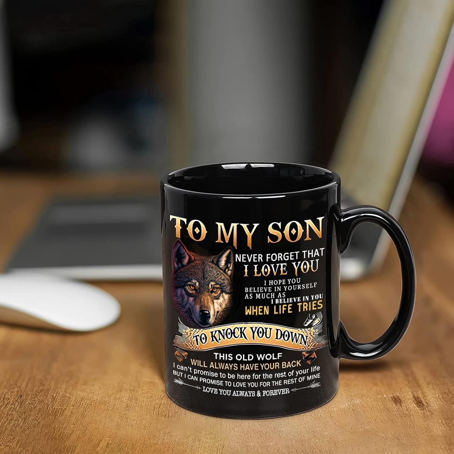 Aurahouse Son Gifts from Mom Dad, Fathers Day Gift for Son, Inspirational Wolf Mug 11oz, Birthday Graduation Christmas Valentines Day Gifts for Adult Son, Teen Boy Ceramic Coffee Mug