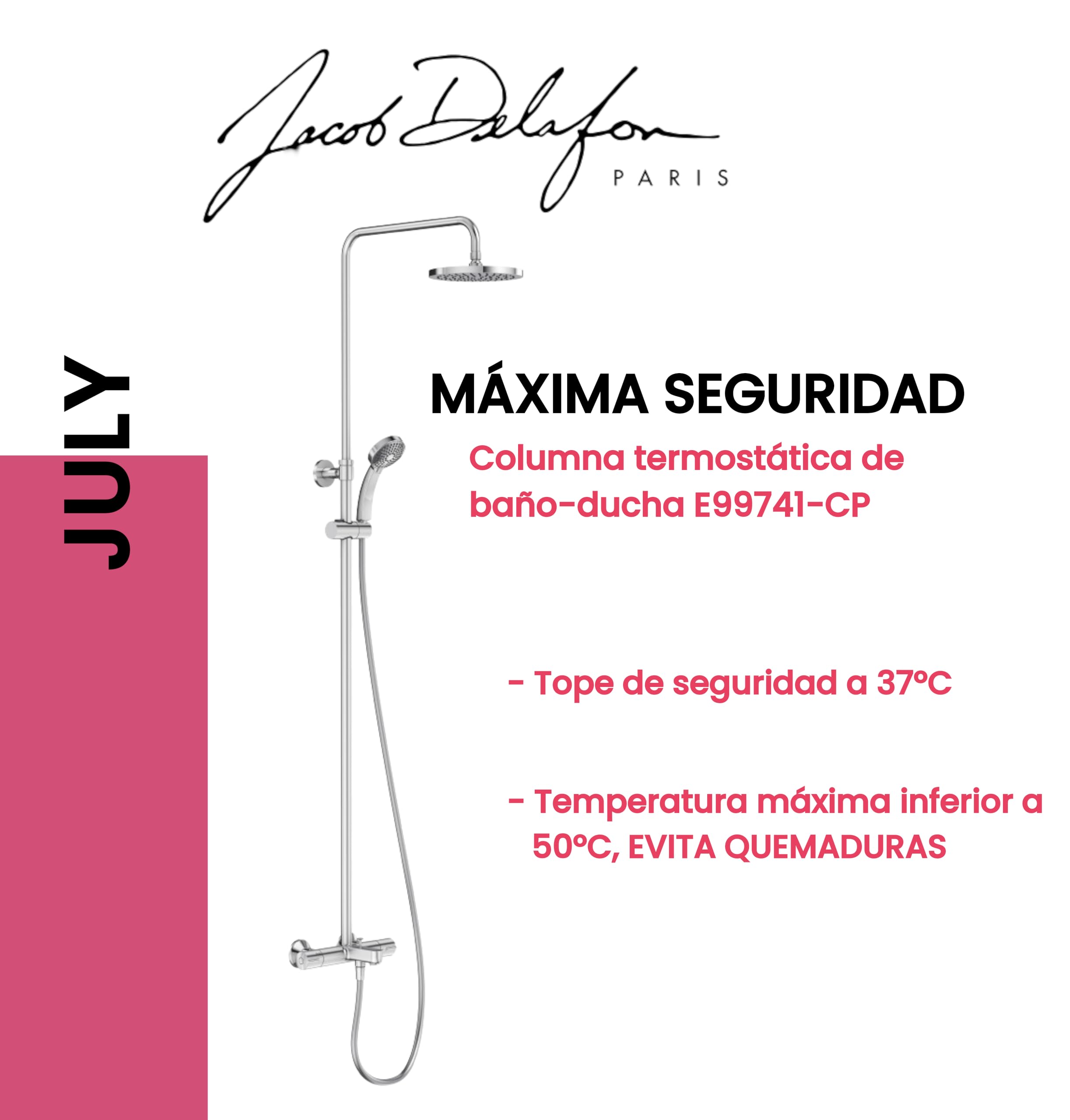 JACOB DELAFON Columna termostática de baño-ducha Cabezal redondo efecto lluvia Ducha de mano con 4 funciones Altura ajustable JULY E99741-CP