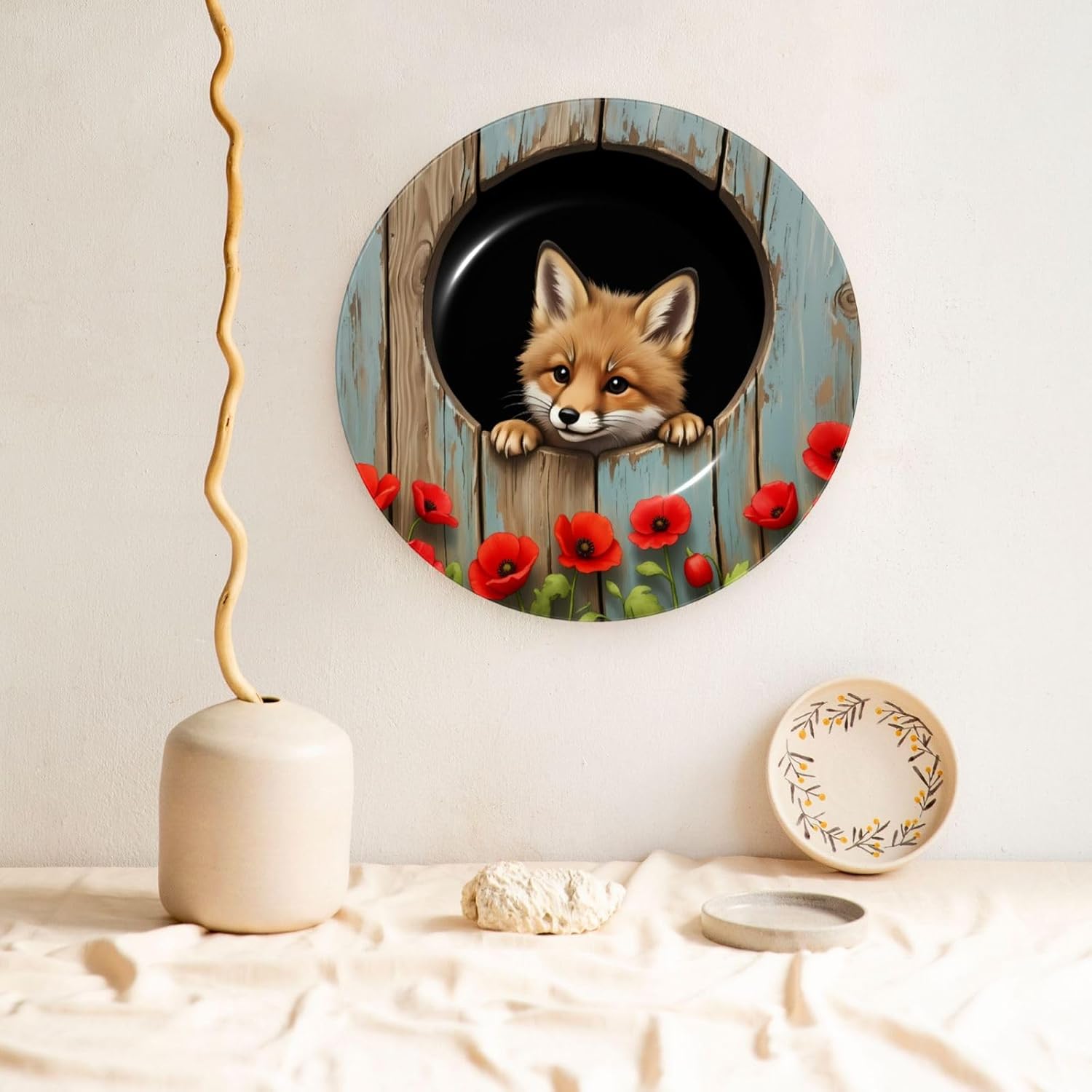 Curious Fox Style Ceramic Plate Display Decorative Plate With Stand Wall Hanging Plate For Home Decor 10 Inch