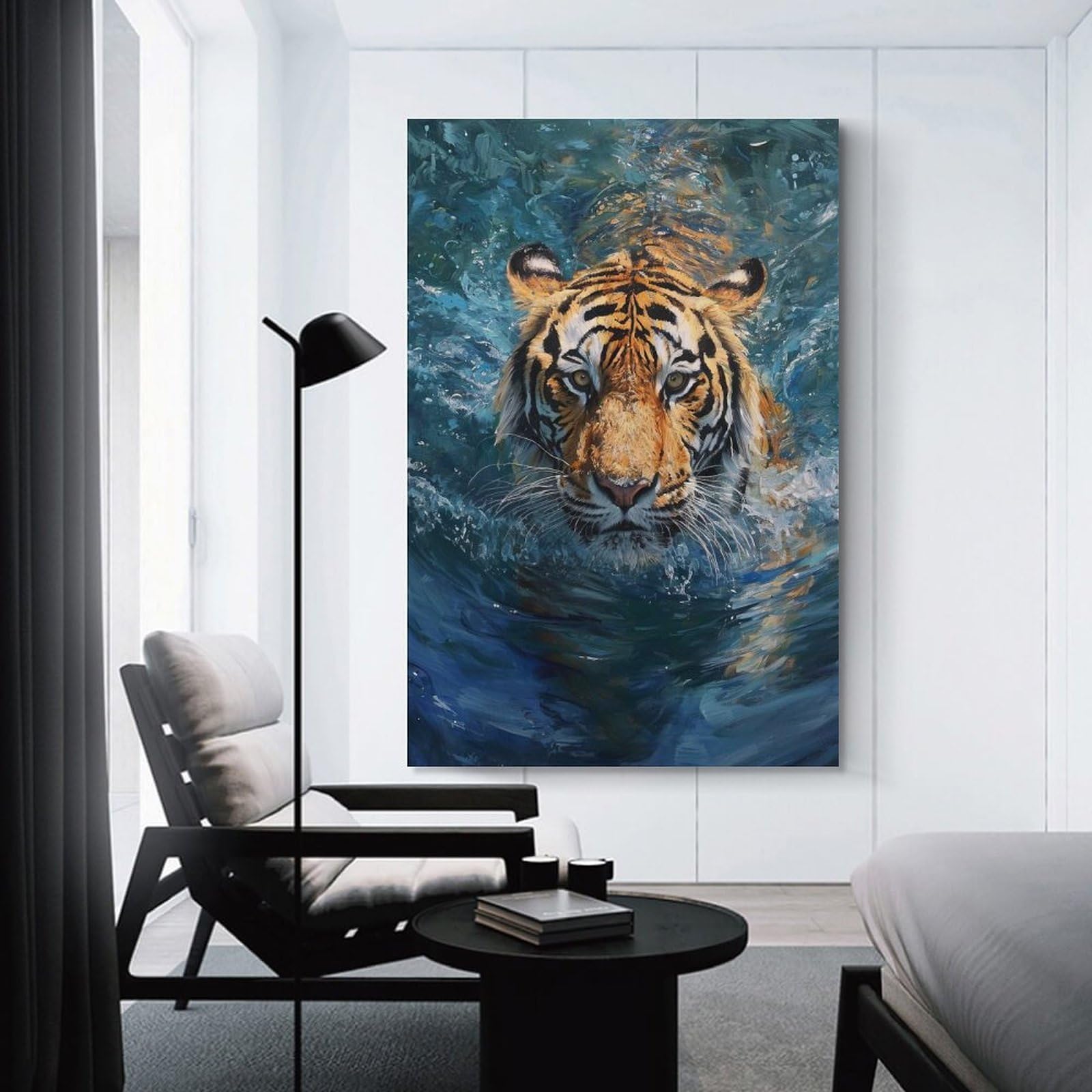 Junmoney Aquatic Tiger Portrait Wall Picture Print, 16x24inch(40x60cm), for Flats, Guest Rooms Or Compact Rooms, Decorative Canvas Decor for Home Updates