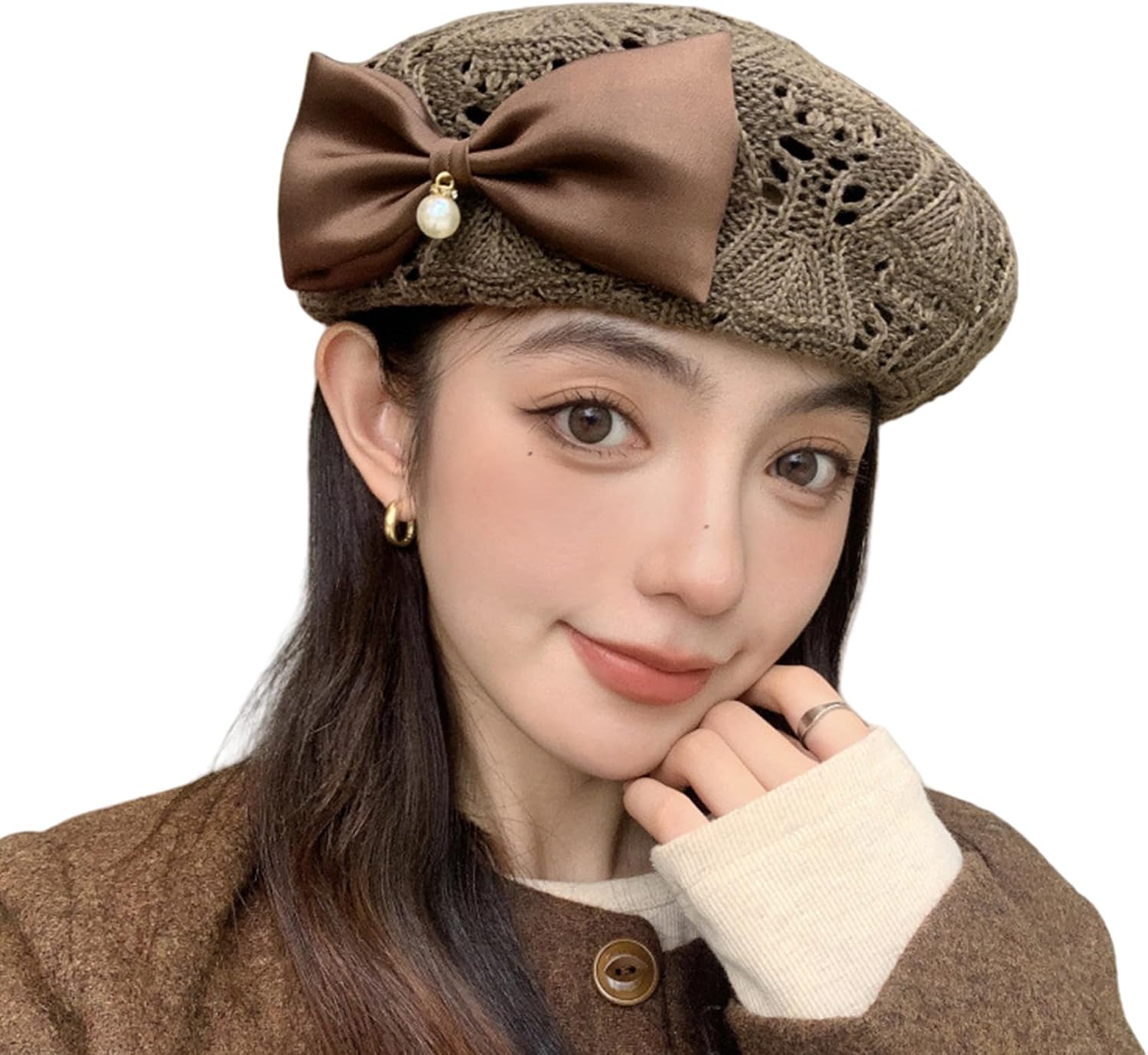 Women's Crochet Lace Beret Hat Vintage Hollow Knit Beanie with Satin Bow & Pearl Breathable French Beret for Spring Summer
