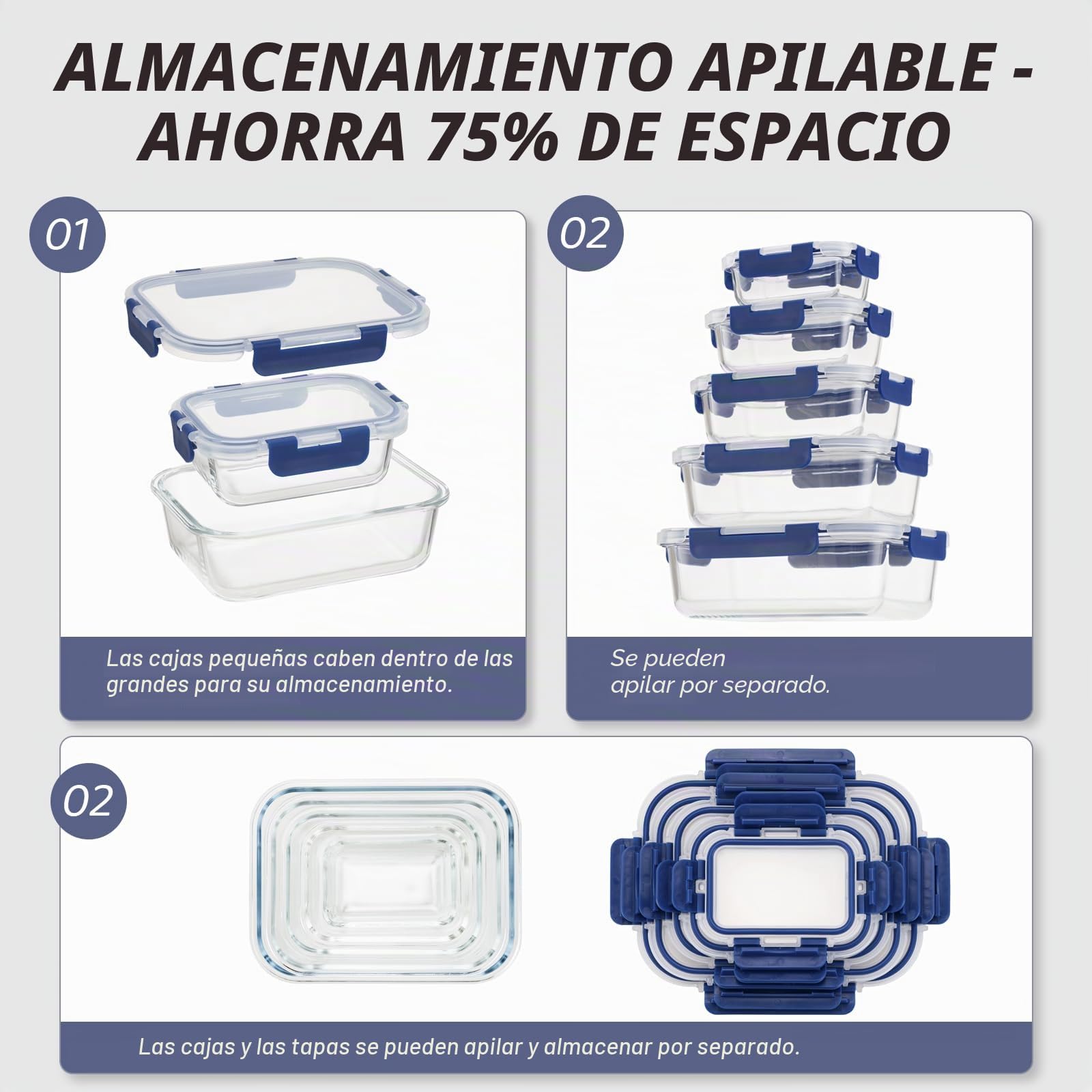 Juego de recipientes de cristal, recipientes de almacenamiento para alimentos frescos de cristal, recipientes de almacenamiento para cocina y restaurante con tapas de plástico premium, herméticos, a