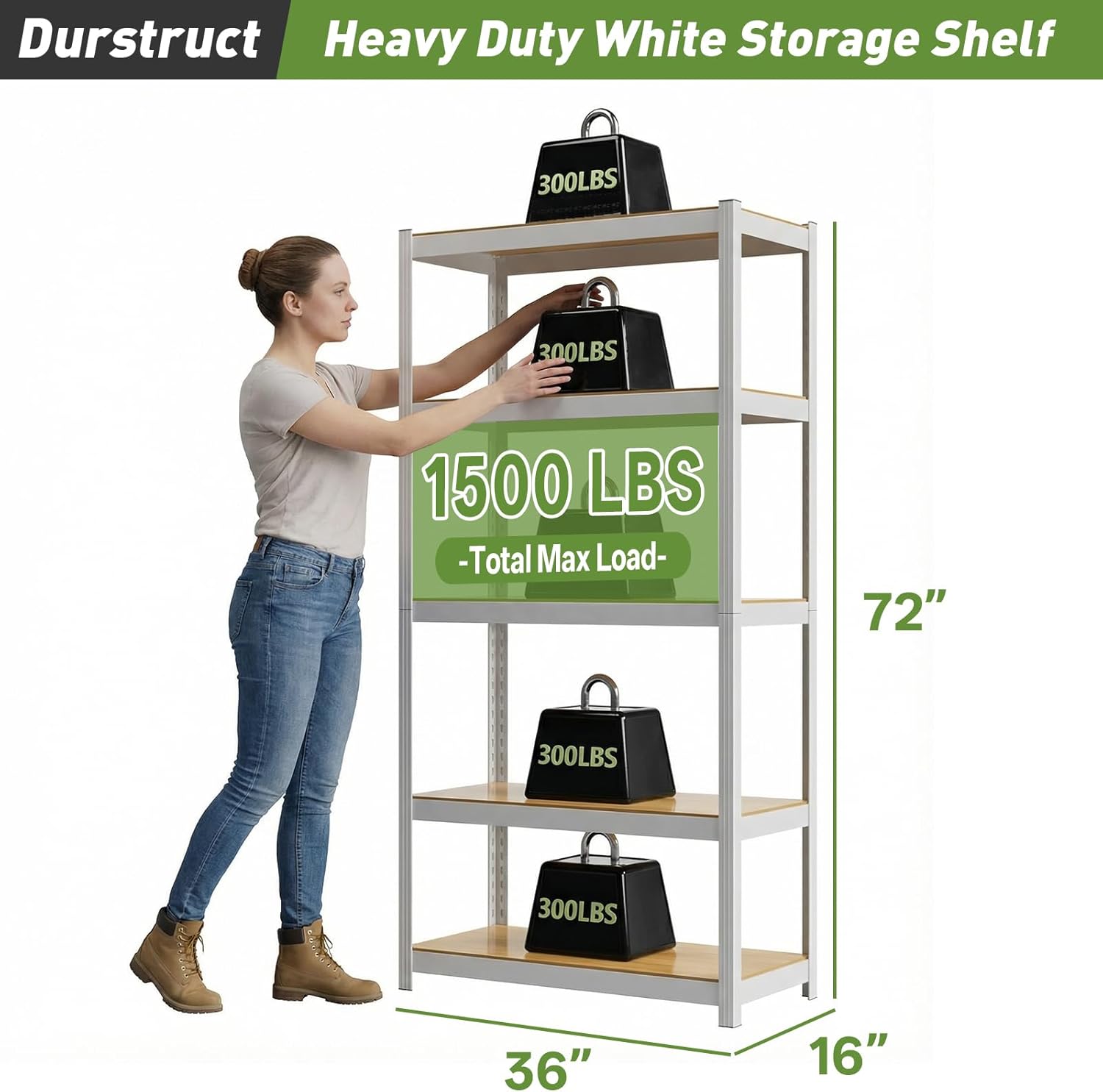 5 Tier 36" W×16" D×72" H White Shelving Unit Adjustable Metal Storage Utility Rack Heavy Duty Shelves Organization Multipurpose Shelf Kitchen Garage Pantry Closet Bathroom