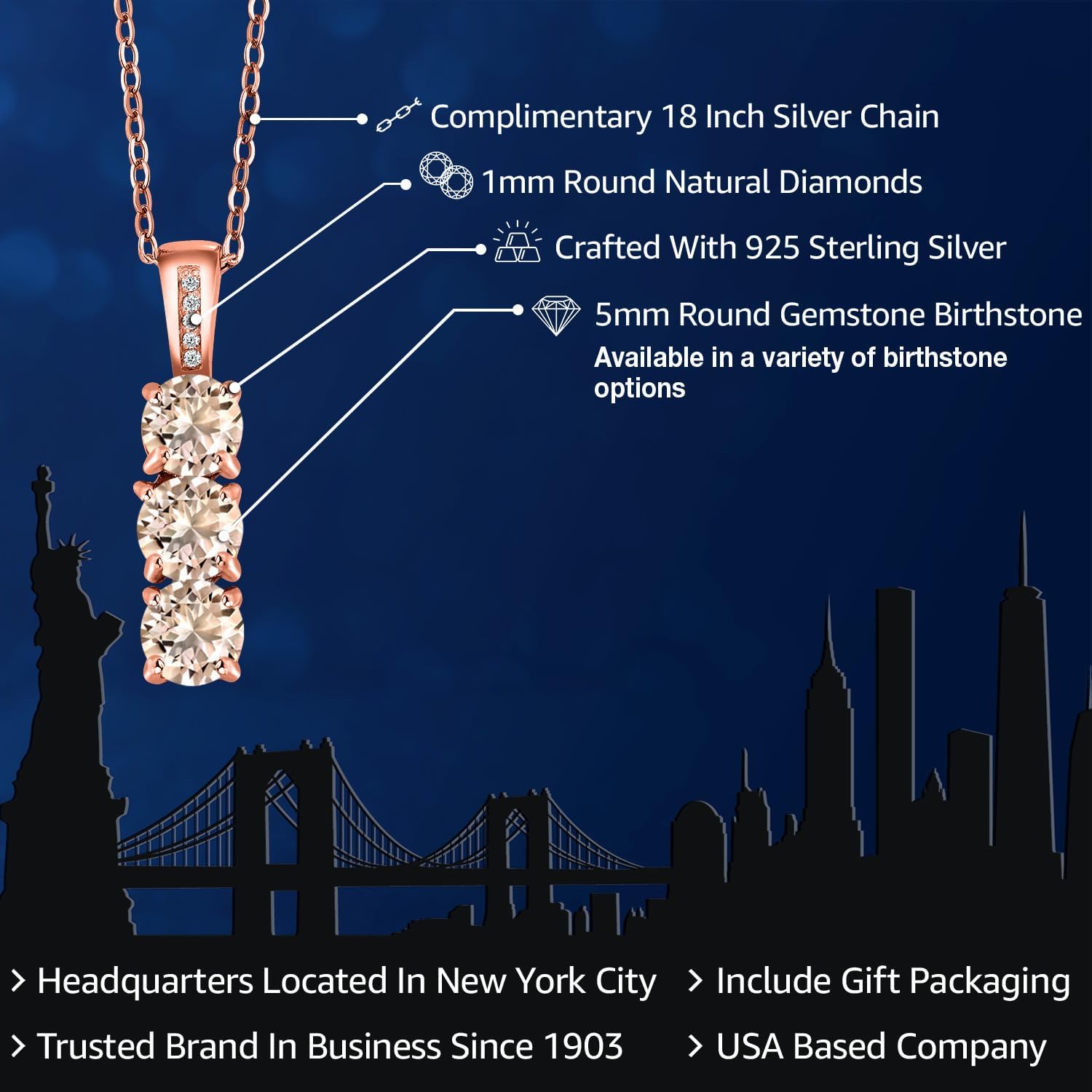 Gem Stone King Diamond and 3 Gemstone Birthstone Pendant Necklaces For Women | 18K Rose Gold Plated Silver | Three Stone Pendant Necklace | Round 5MM | With 18 Inch Silver Chain