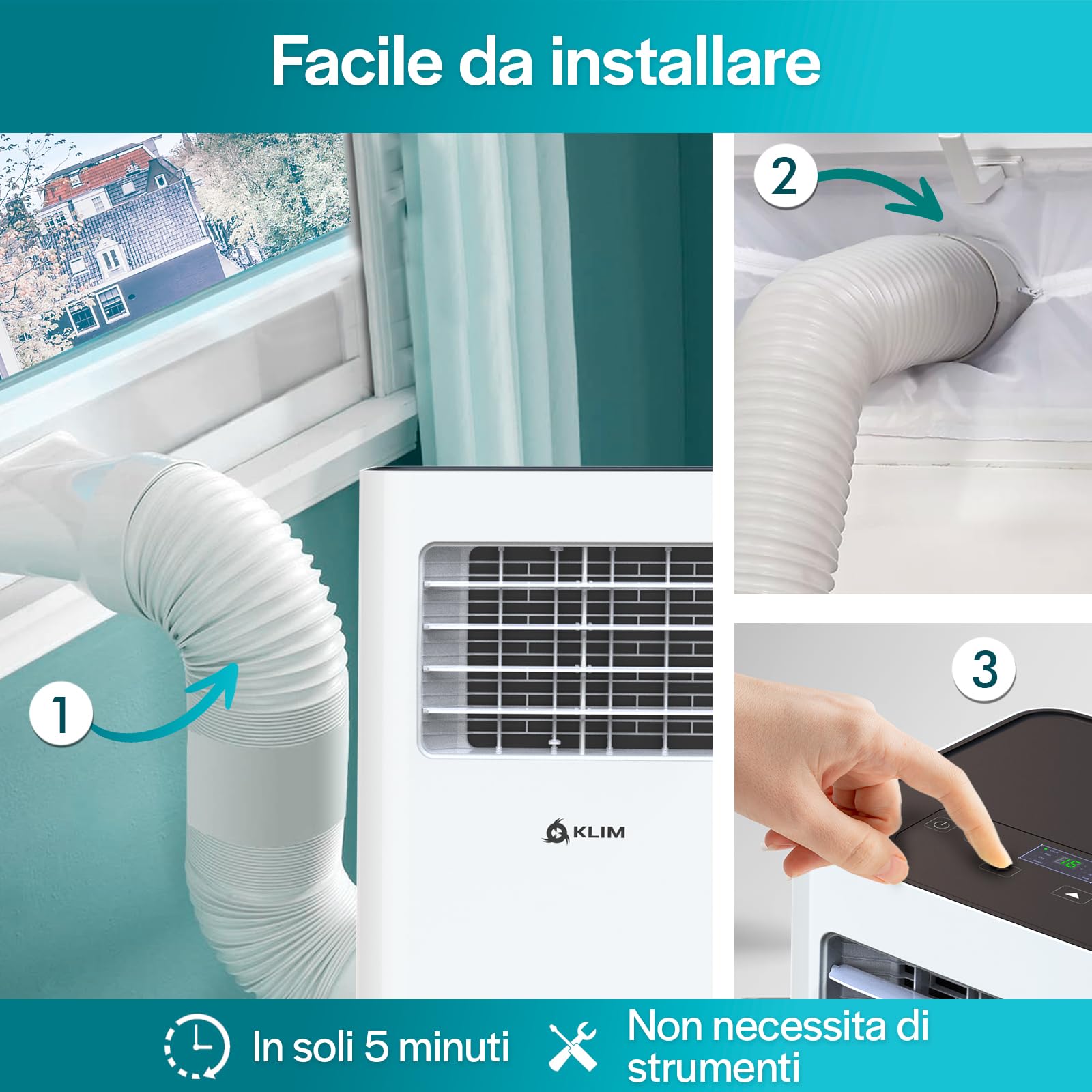 K9000 Condizionatore Portatile con Tubo, Classe Energetica A, Telecomando | Climatizzatore 9000 Btu, 3-In-1 Deumidificatore Integrato, Ventilatore e Modalità Raffreddamento, Facile da Usare - Bianco