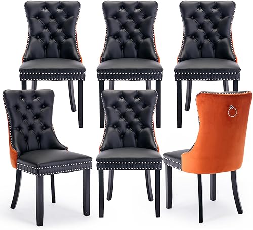 Miniatura 59 de Juego de 6 Sillas de Comedor Tapizadas en Terciopelo, Sillas Laterales de Cocina de Estilo Moderno con Ribete de Tachuelas y Patas de Madera, Anillo