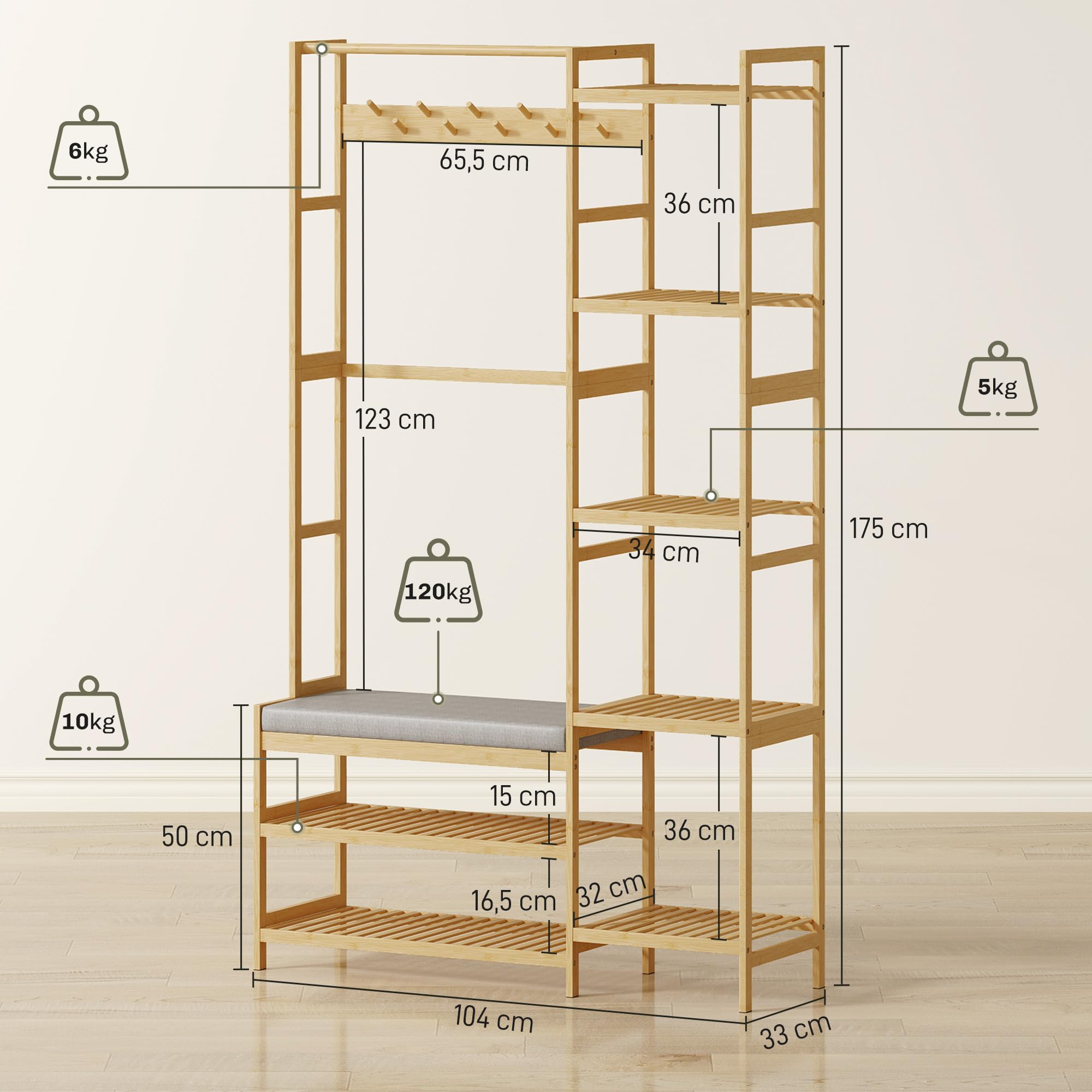 HOMCOM Perchero, 10 ganchos, Natural, Altura 175 cm | Banco acolchado con 2 estantes, barra ropa, 5 compartimentos abiertos, perchero para pasillo, dormitorio, sala