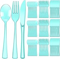 Vista 12 de Minatee Juego de 150 piezas de cubiertos desechables de plástico, juego de cubiertos de acero inoxidable resistente, 50 tenedores, 50 cuchillos, 50