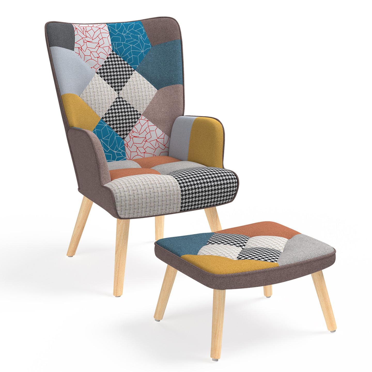 IDMarket - Fauteuil scandinave Ivar avec Repose Pieds en Tissu Patchwork Multicouleurs
