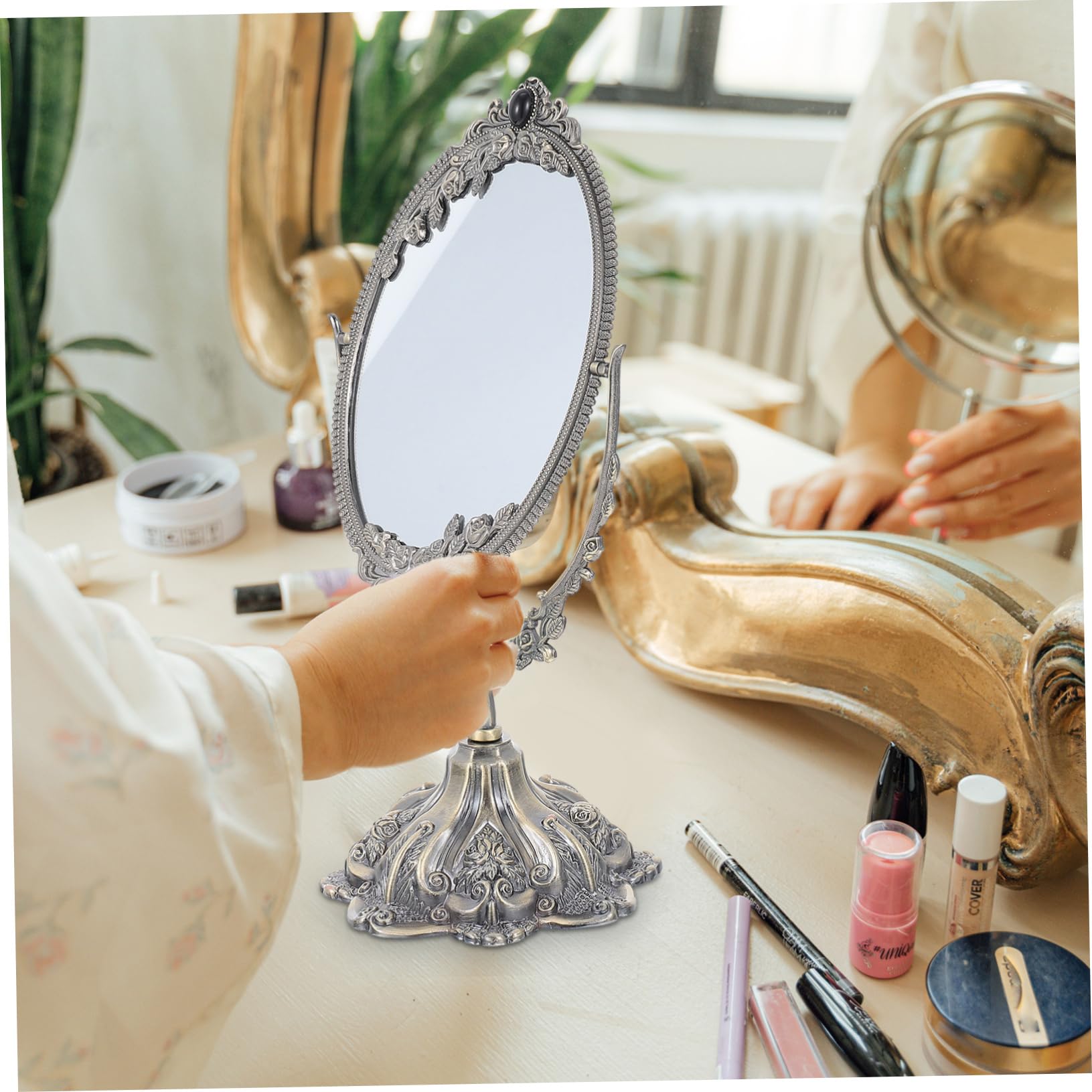 Retro Schminkspiegel aus Zinklegierung mit Drehbarer Doppelseite | Make Up und Hochzeit, Flacher Standfuß, Europäischer Stil, Elegante Ausführung
