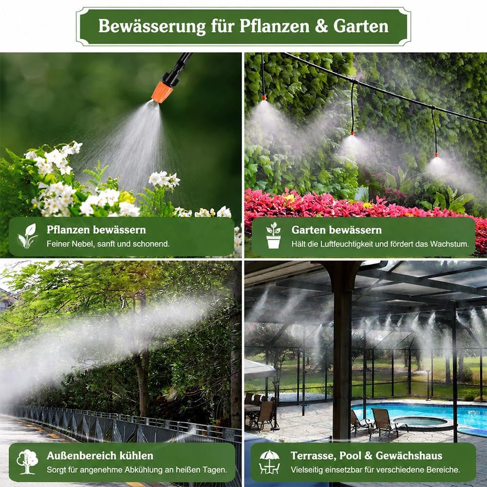 Sprühnebel Kühlung System, Vernebelungssystem mit Verstellbaren Nebeldüsen, Wasservernebler für Terrasse Garten Pool Gewächshaus, Sprühnebelanlage zur Außenkühlung & Pflanzenbewässerung (40M)