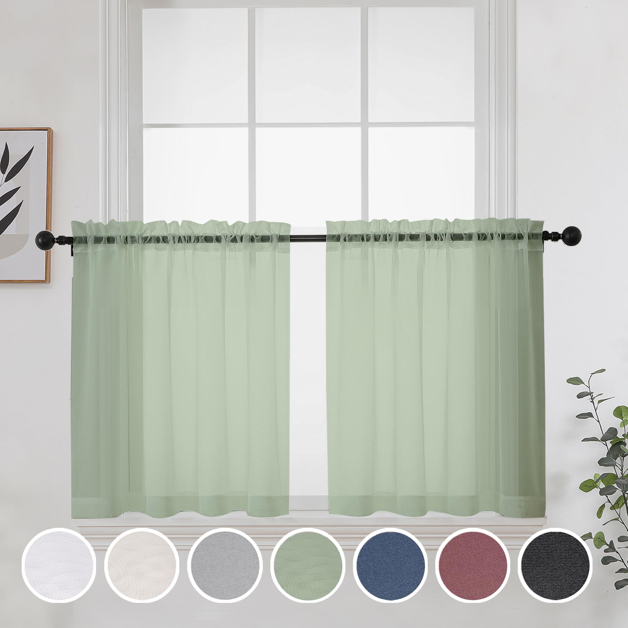 Short Sage Green Sheer Curtains 24 Inches Long 2 Panels for Bathroom Window, Rod Pocket Light Filtering Sheer Tier Curtains for Small Kitchen Laundry Room, RV, Camper Travel Trailers, 42W x 24L