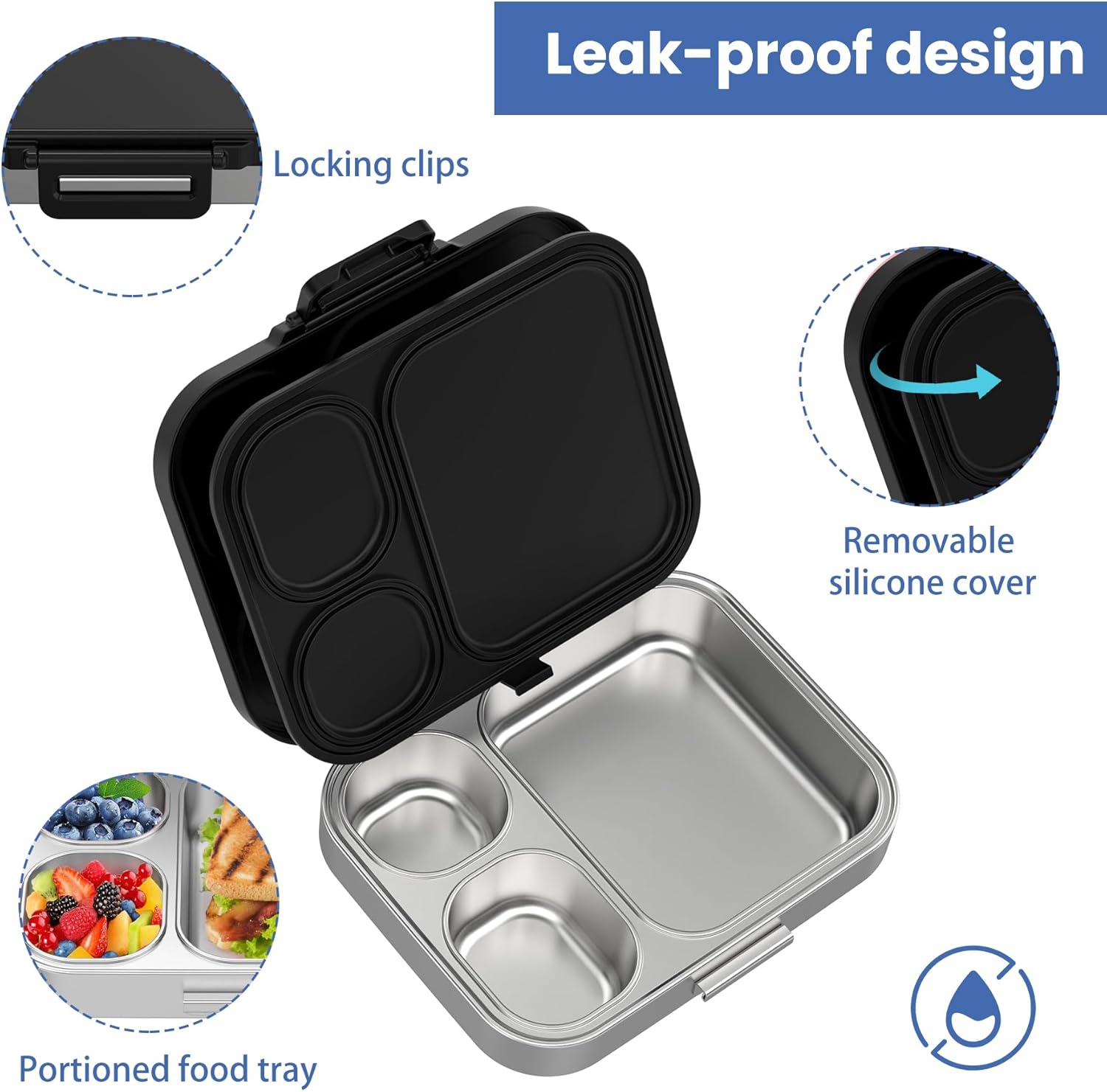 Stainless Steel Bento Lunch Box for Kids | 3-Compartment Lunch Box Container Kids | 100% Leakproof, Eco-Friendly, Perfect Portion Control for Kids&Adult Healthy Meals (Black) - Image 3