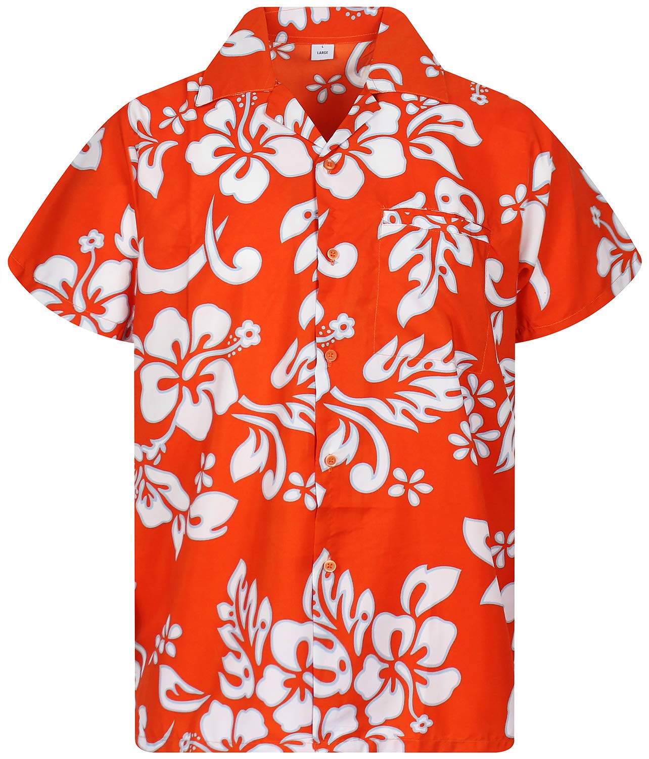 V.h.o. Men's Vho-Hibiscus-Design-Orange Funky Hawaiian Shirt, Shortsleeve, Hibiscus, Orange, M
