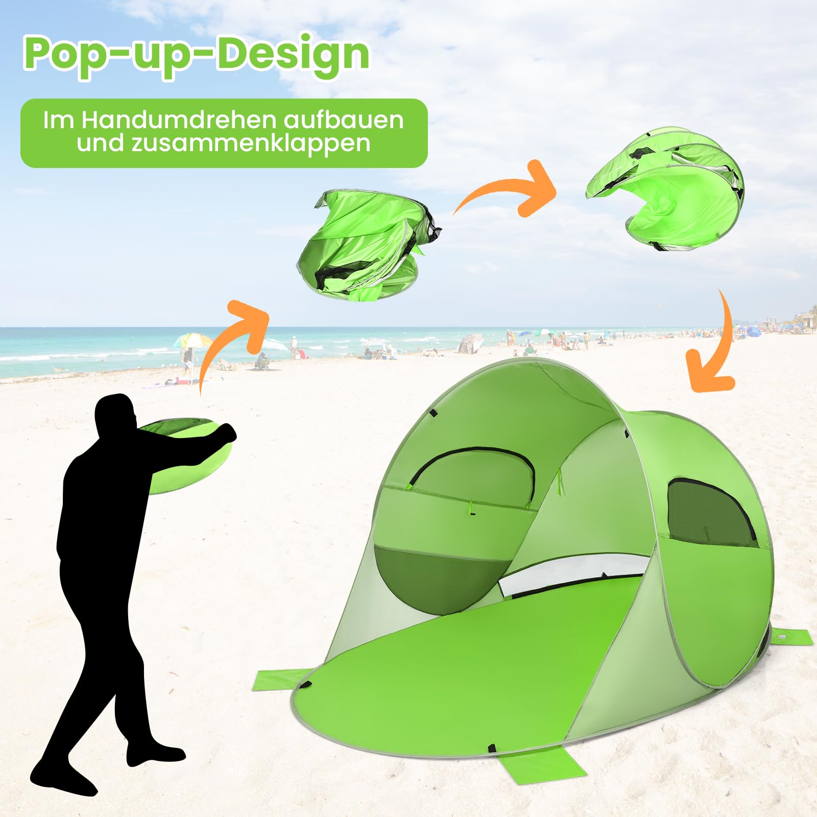 GOPLUS Strandmuschel, Pop Up Strandzelt für 3-4 Personen, Wurfzelt mit Sonnenschutz Windschutz, leicht tragbar mit Tragetasche, Sonnenzelt für Familie, Strand Camping Rasen Garten (Grün) Sport & Freizeit
