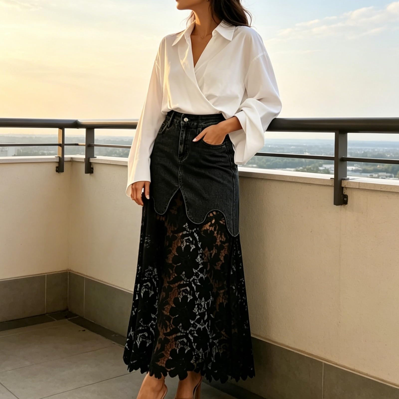 Genérico Falda Vaquera Larga para Mujer, Estilo Patchwork con Encaje y Ojales; diseño Fluido de Corte en A, Talle Alto, Estilo Boho, con Estampado Floral, Detalles de Malla Transparente.