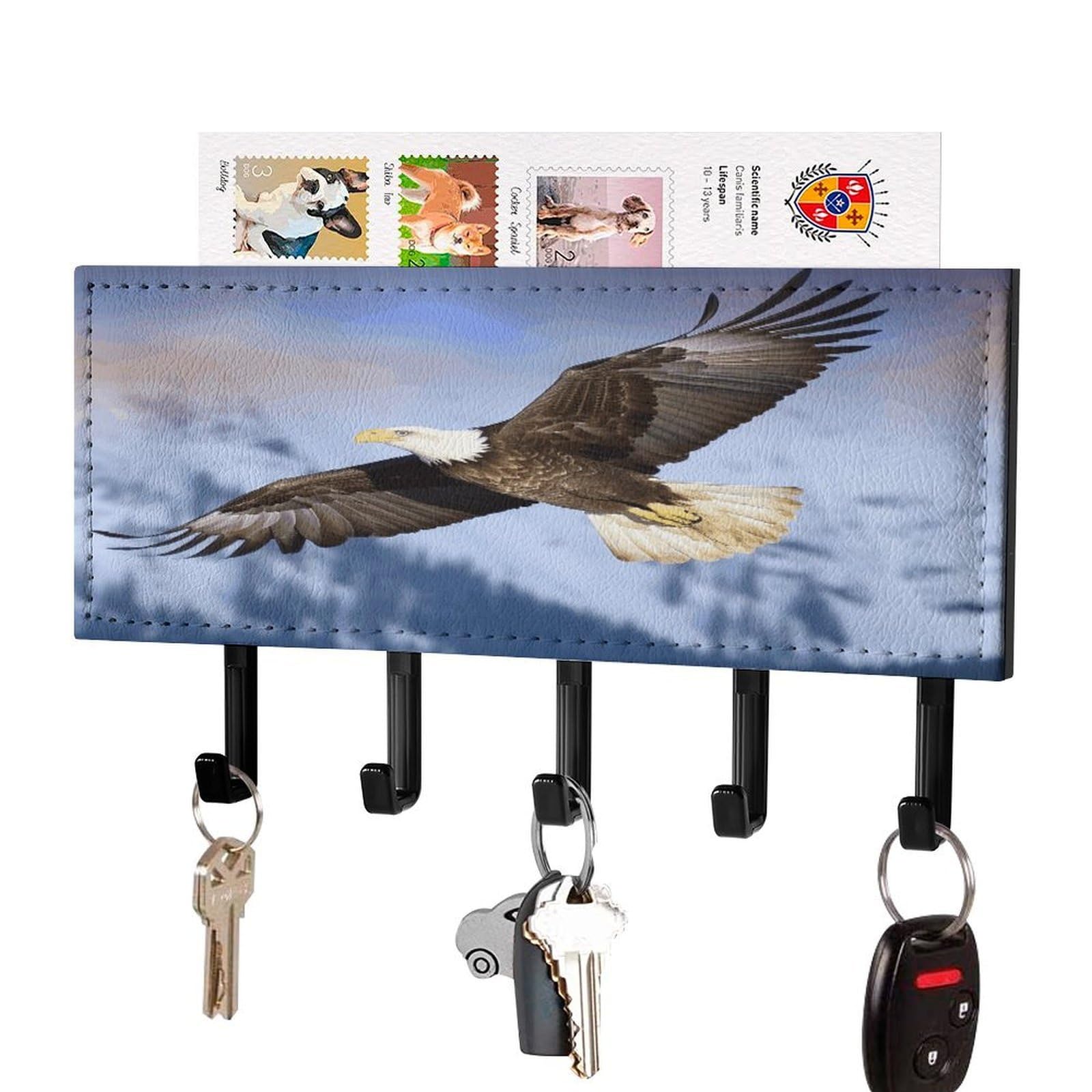 FekiLoot Bald Eagle Flying Key Holder Wall Mount Key Hanger with 5 Hooks Decorative Key Rack Hanging Key Hooks with Mail Organizer Key Holder for Wall Living Room Kitchen Bathroom Hallway Black