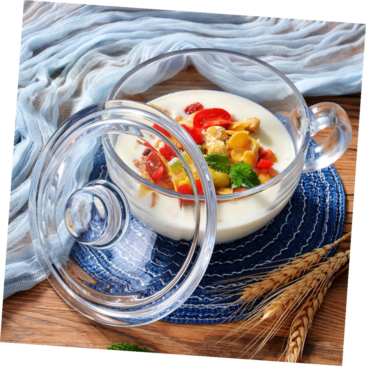 Angoily Bol de Cristal Transparente de 600Ml con Tapa y Asa Ensaladera Práctica para Desayuno Postres Leche Avena y Ensalada Recipiente para Alimentos Domésticos