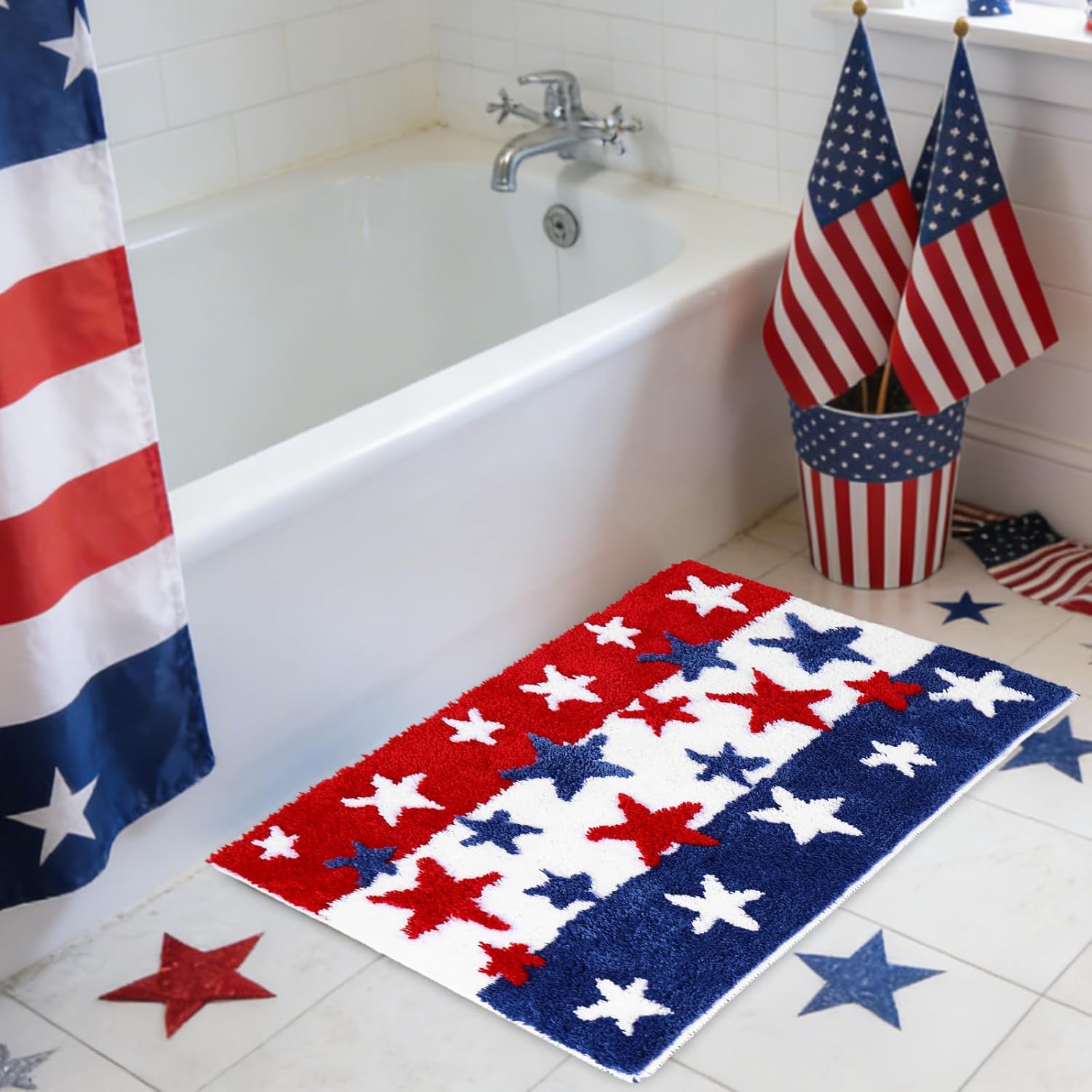 JarThenaAMCS Patriotic Bathroom Rug Bath Mat Non Slip Bath Carpet Red Blue White Star Door Mat for 4th of July Independence Day Home Decoration