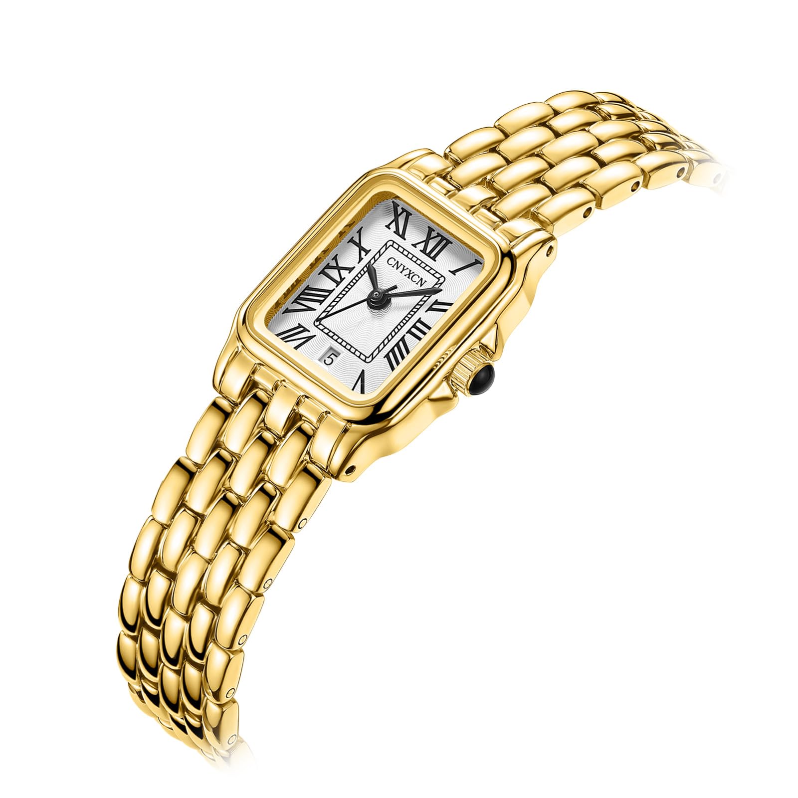 CNYXCN Relojes dorados para mujer con caja rectangular, esfera romana, pulsera vintage, fecha automática, resistente al agua, herramienta de ajuste incluida