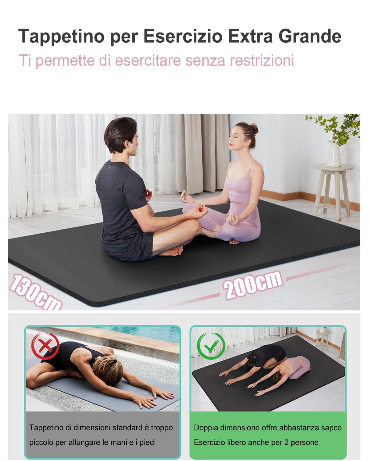 RYTMAT Tappetino Palestra Grande 200x130cm Spesso 15mm/10mm NBR Tappetino Yoga Mat Antiscivolo Tappetino Fitness Pilates Ginnastica Esercizi Addominali