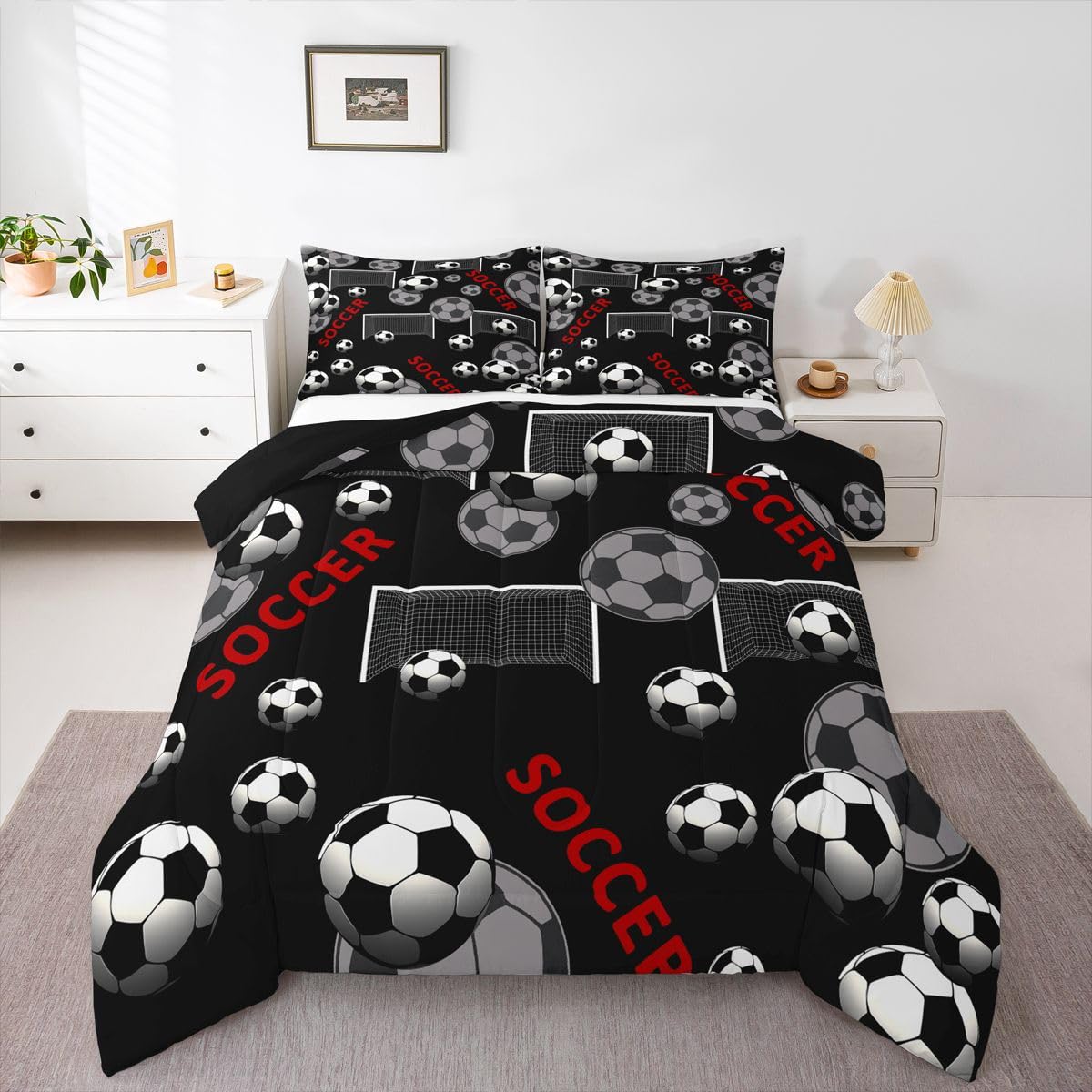 Erosebridal Kids Soccer Comforter Set Queen Size, Football Bedding Set Geometric Hexagon Honeycomb Duvet Insert for Boys Teens Adult Men Bedroom Decor