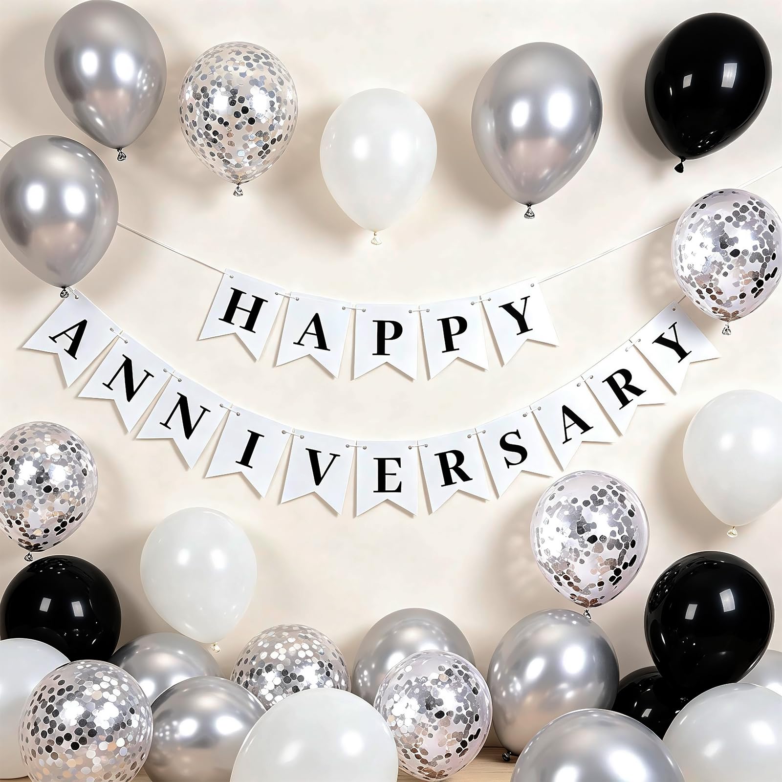 Happy Anniversary Banner & Balloons for Party Decorations (Black White Silver) — image 1