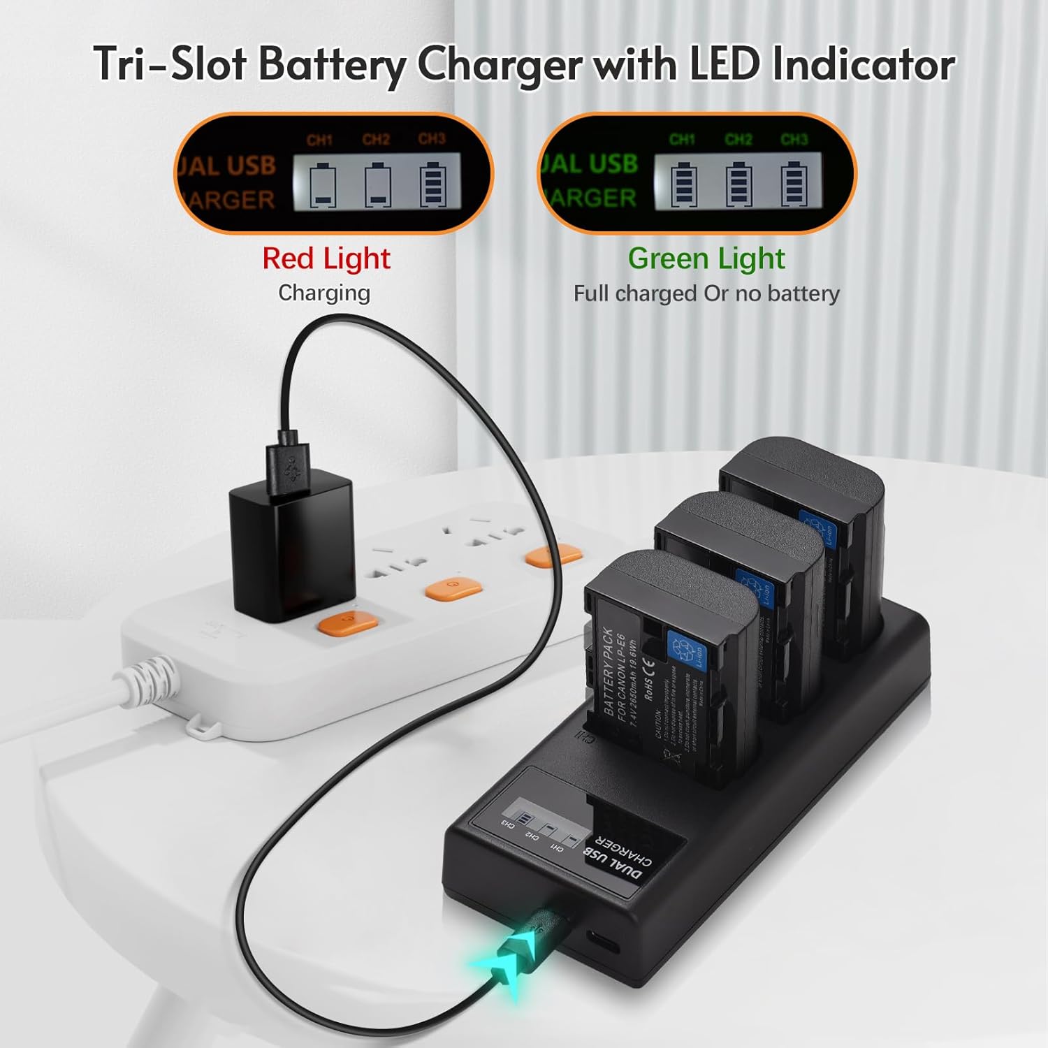 Andoer Replacement LP-E6 Battery, 3 Slots Charger with 3 LP-E6 2650mAh Batteries Compatible with Canon EOS 5D Mark II III IV/5DS/5DS R/6D/6D Mark II/7D/ 7D Mark II/60D/70D/80D/90D