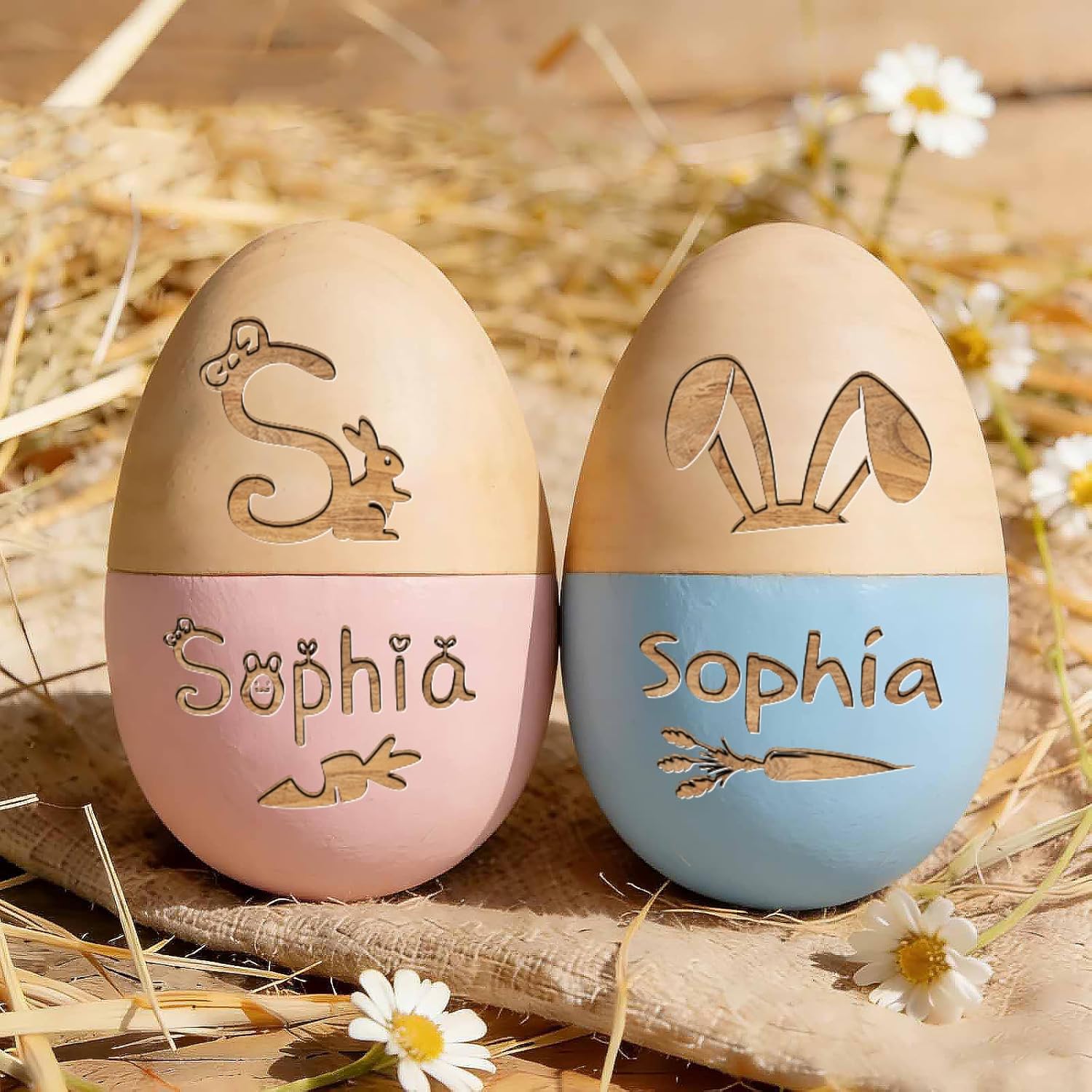 Custom Easter Egg with Engraved Name, Personalized Wooden Easter Egg Hollow Fillable Eggs Keepsake for Kids Boy Girl Easter Home Decor