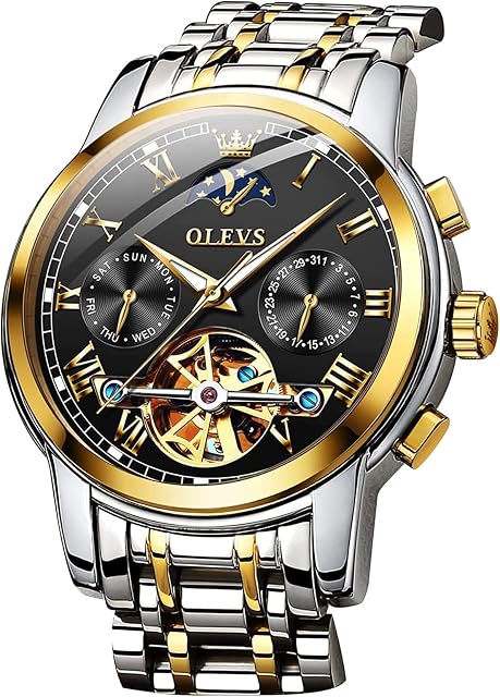 OLEVS Automatic Watches for Men, Big Face Stainless Steel Men Dress Watch, Self Winding Waterproof Men Tourbillon Skeleton Watch, Luminous Day and Date Men Analog Watch